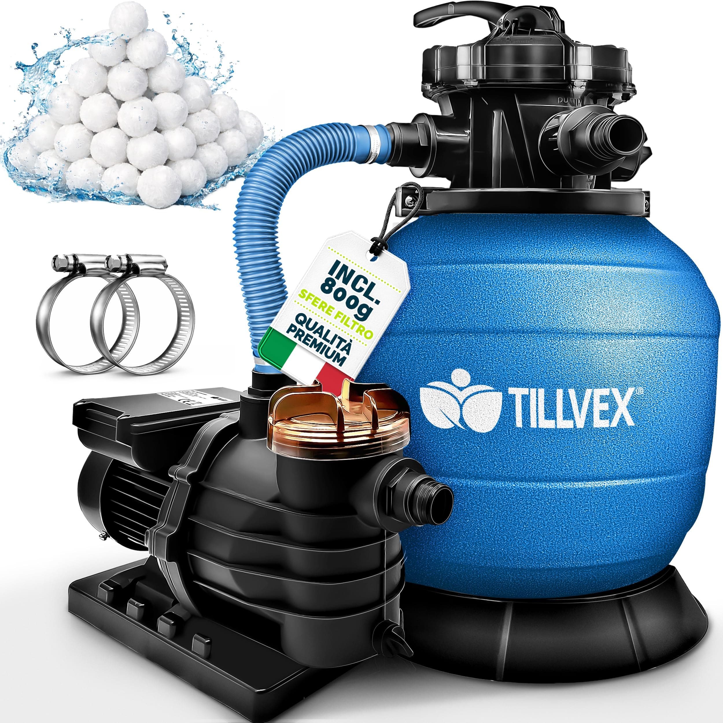 tillvex Pompa Filtro Piscina Portata 10 m³/h con 800g Filtro Balls - 7 funzioni di filtrazione - Filtro per piscina con indicatore di pressione - Impianto di filtrazione a sabbia per piscine e vasche