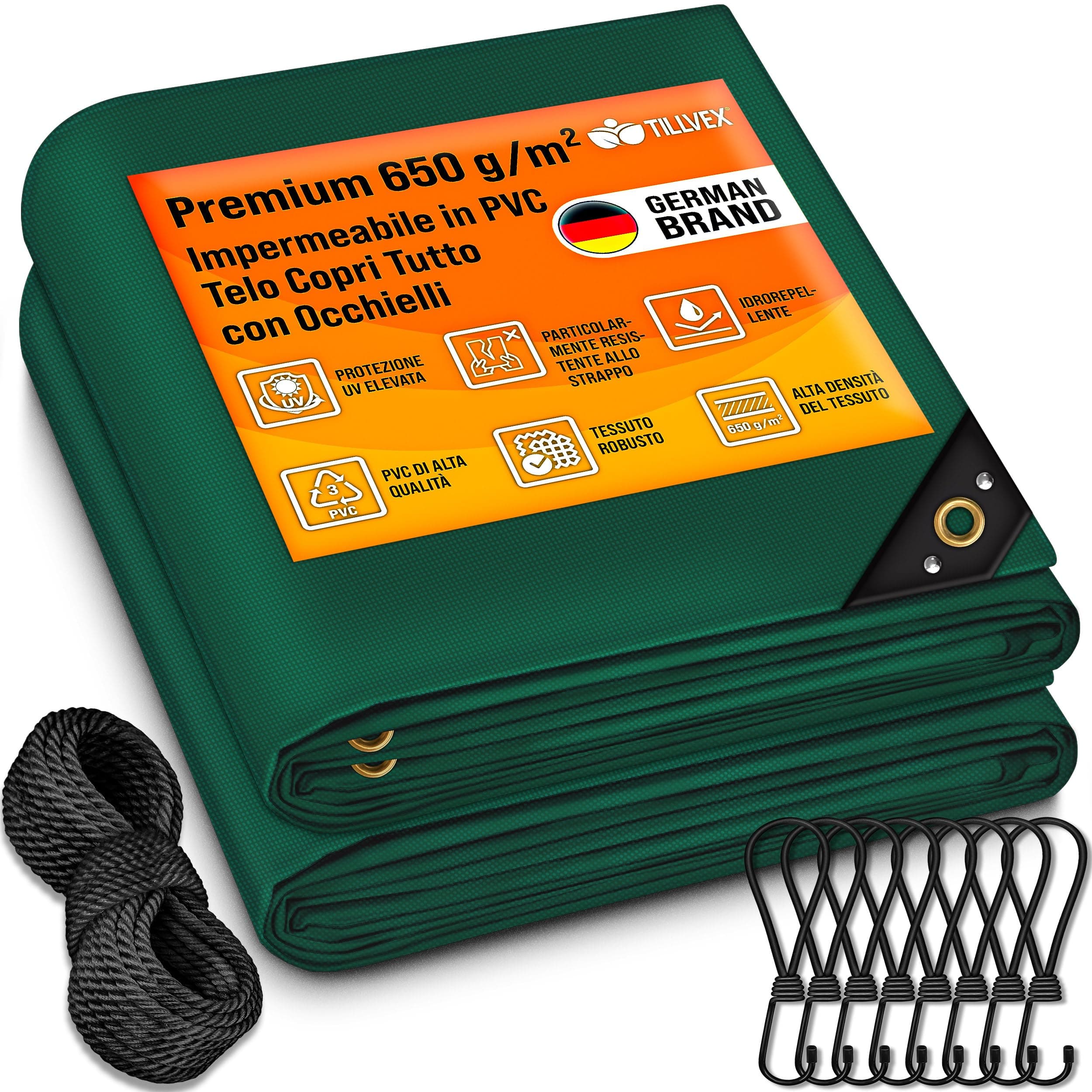 tillvex®, Telone di copertura con occhielli + 10 elastici e corda da 15 m, telo 650 g/m², impermeabile e antistrappo, telo in PVC di alta qualità, universale, per camion, piscina, mobili da giardino e
