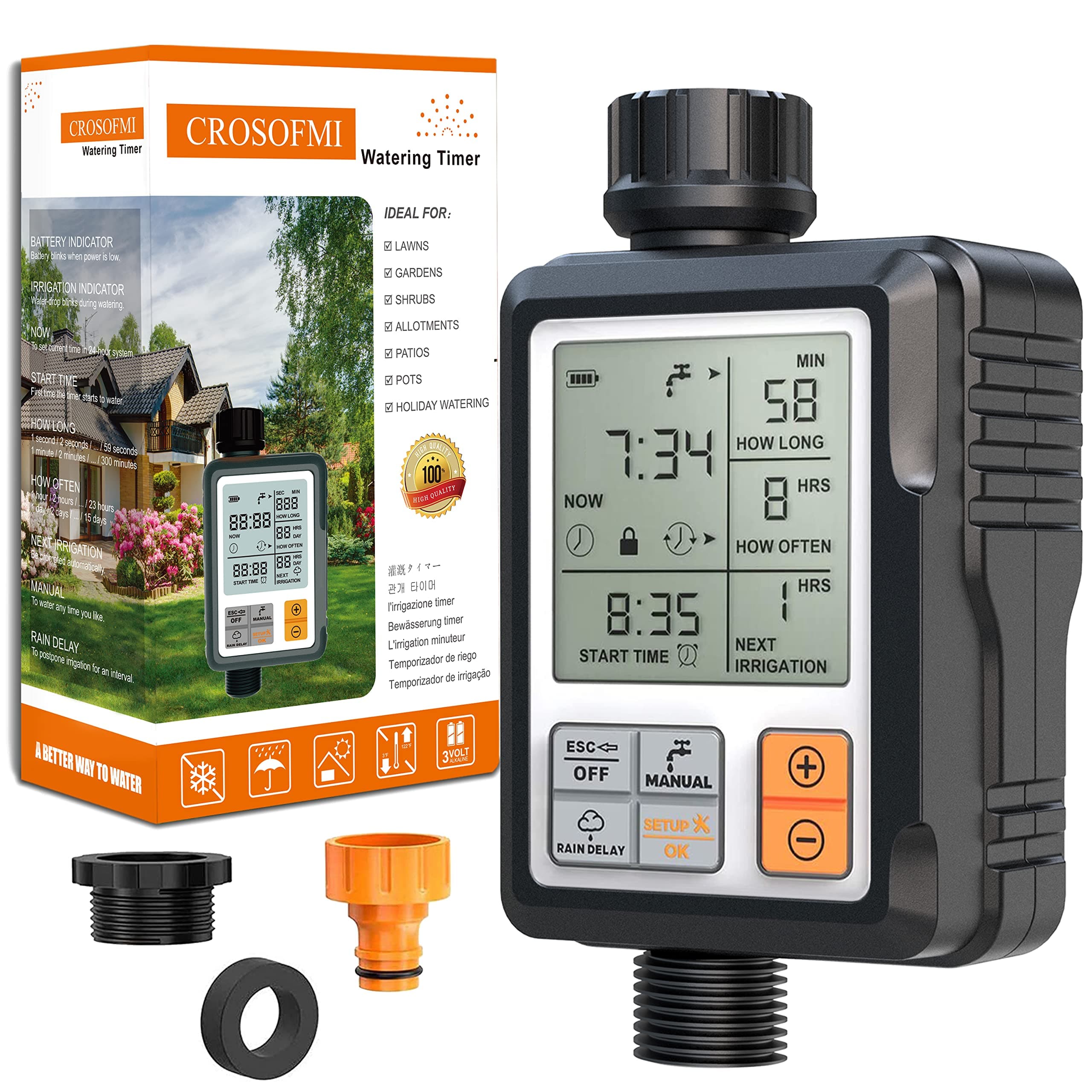 CROSOFMI Irrigatore Giardino Timer per Irrigazione Batteria Automatica Programmatore Centralina Irrigazione Ampio Schermo da 3 Pollici