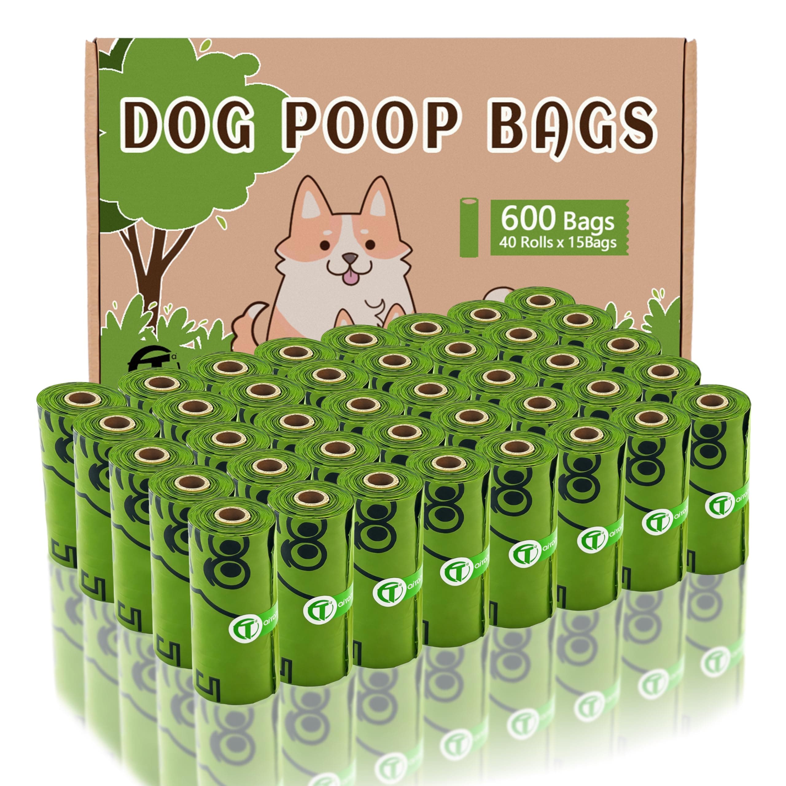 AiTodos® 600 Bolsas para Caca, PET Almidón de Maíz Mixto, Polietileno + Material de Almidón de Maíz Bolsas para Caca Semibiodegradables - 31 x 23 cm - Verde (40 Rollos, 15 Paquetes Cada Uno)
