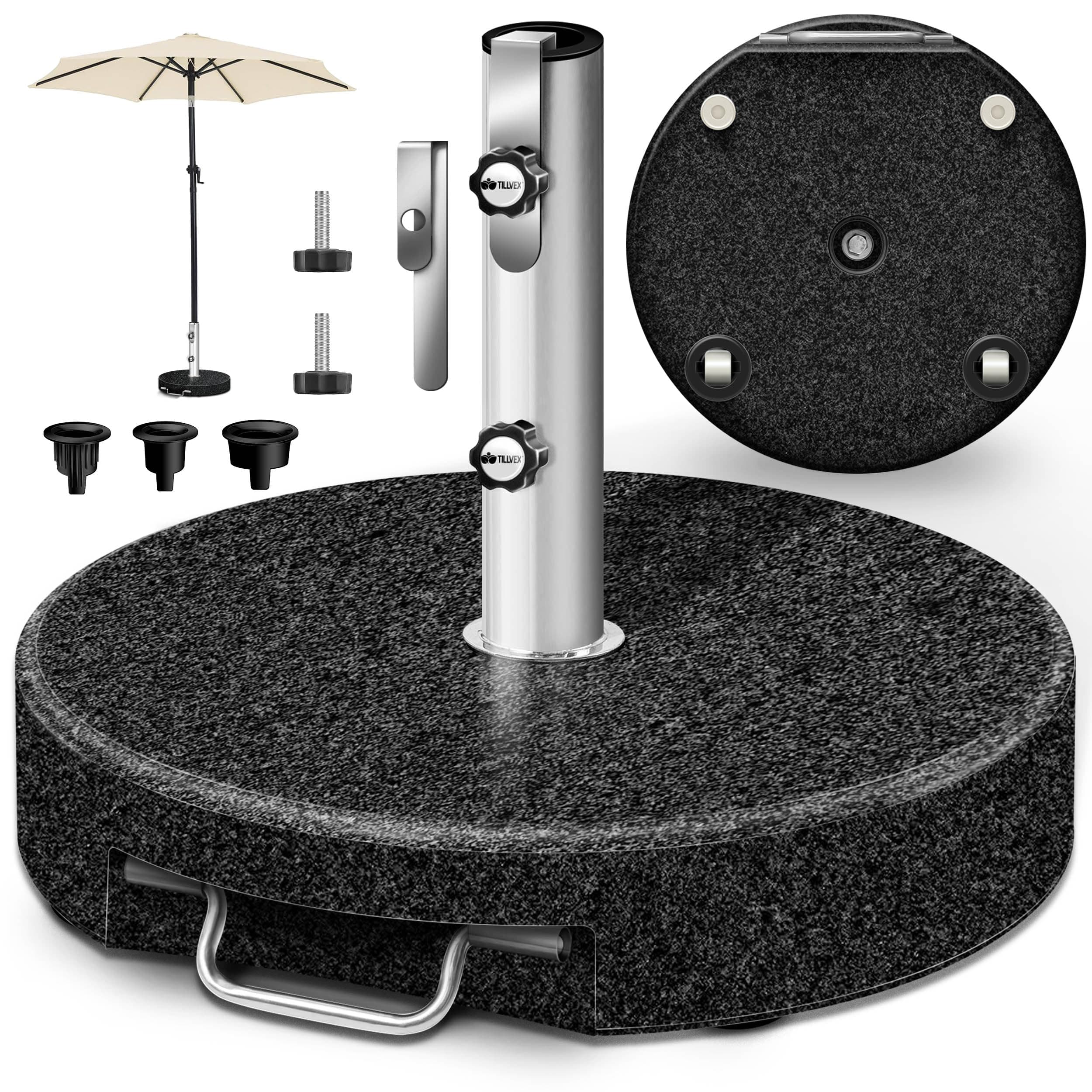 tillvex® Pied de Parasol Rond en Granit avec roulettes - 27 kg | avec Tube en Acier Inoxydable | Parasol Lestage Pieds Base pour pour Parasol déporté mâts de 16 à 48 mm et 250 cm de diamètre
