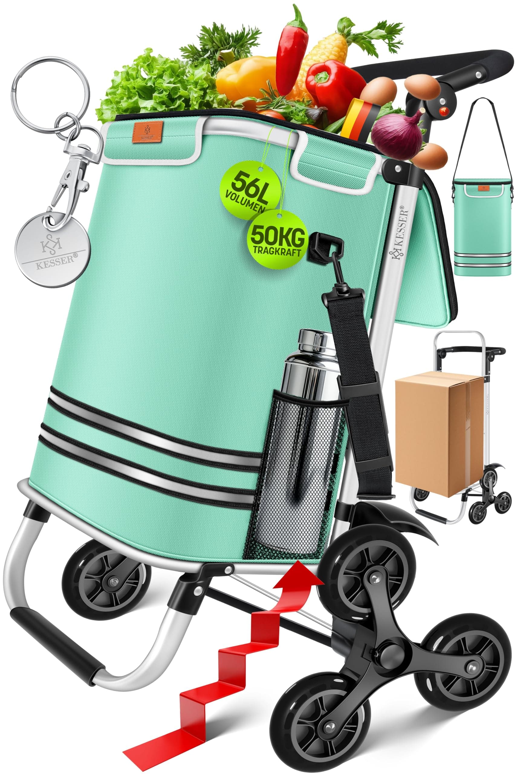 KESSER® Einkaufstrolley Treppensteiger mit Kühlfach klappbar mit 56L Kapazität und belastbar bis 50kg | 3in1 Trolley Sackkarre & Umhängetasche | Faltbarer Einkaufswagen inkl. Einkaufschip, Mintgrün