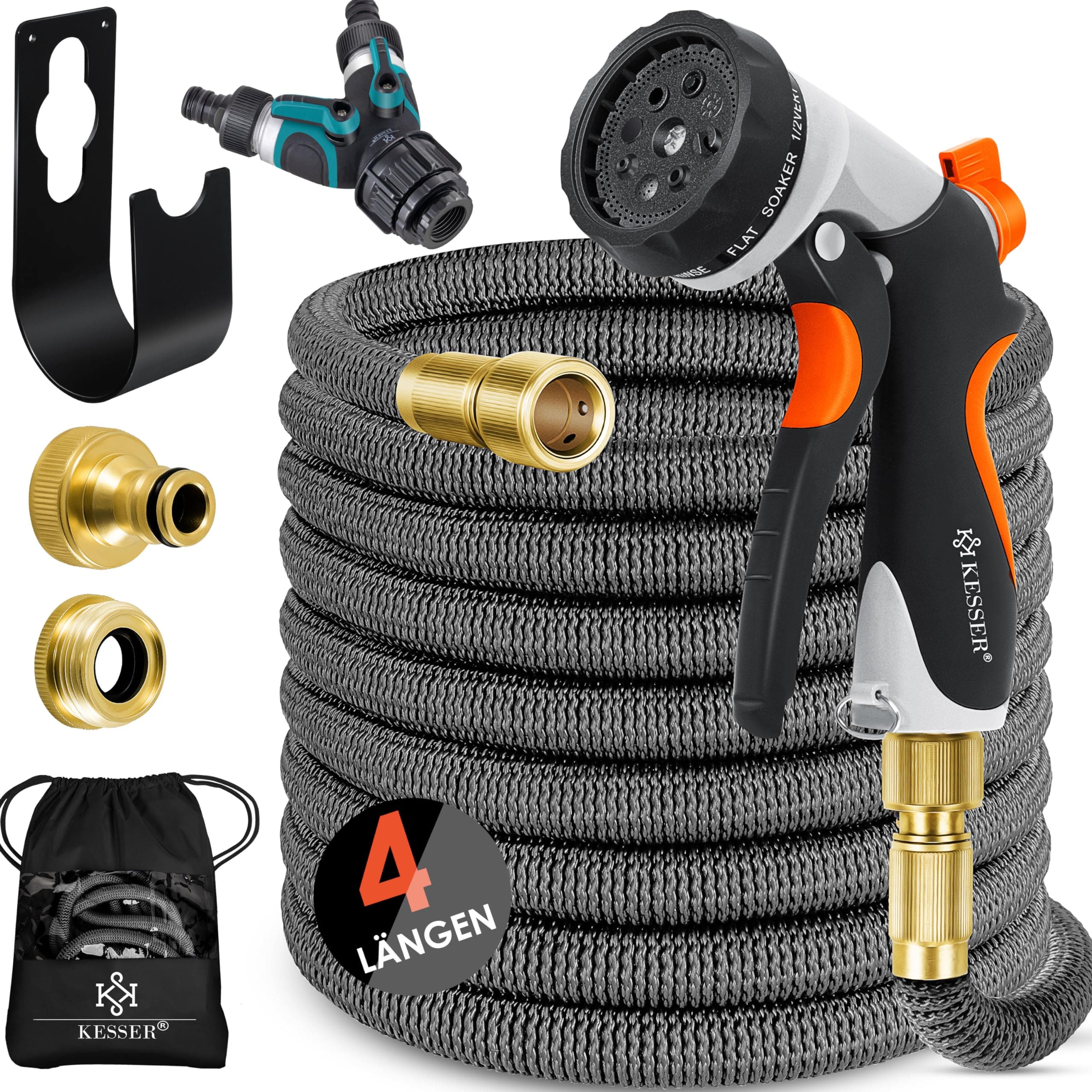 KESSER® flexibler Gartenschlauch 30 m, dehnbarer Flexischlauch, Wasserschlauch mit 3-fach Latexkern, 8 Modi Sprühpistole, Messing Anschlüsse + Wandhalterung, 1/2" & 3/4" Adapter & Tasche, Anthrazit