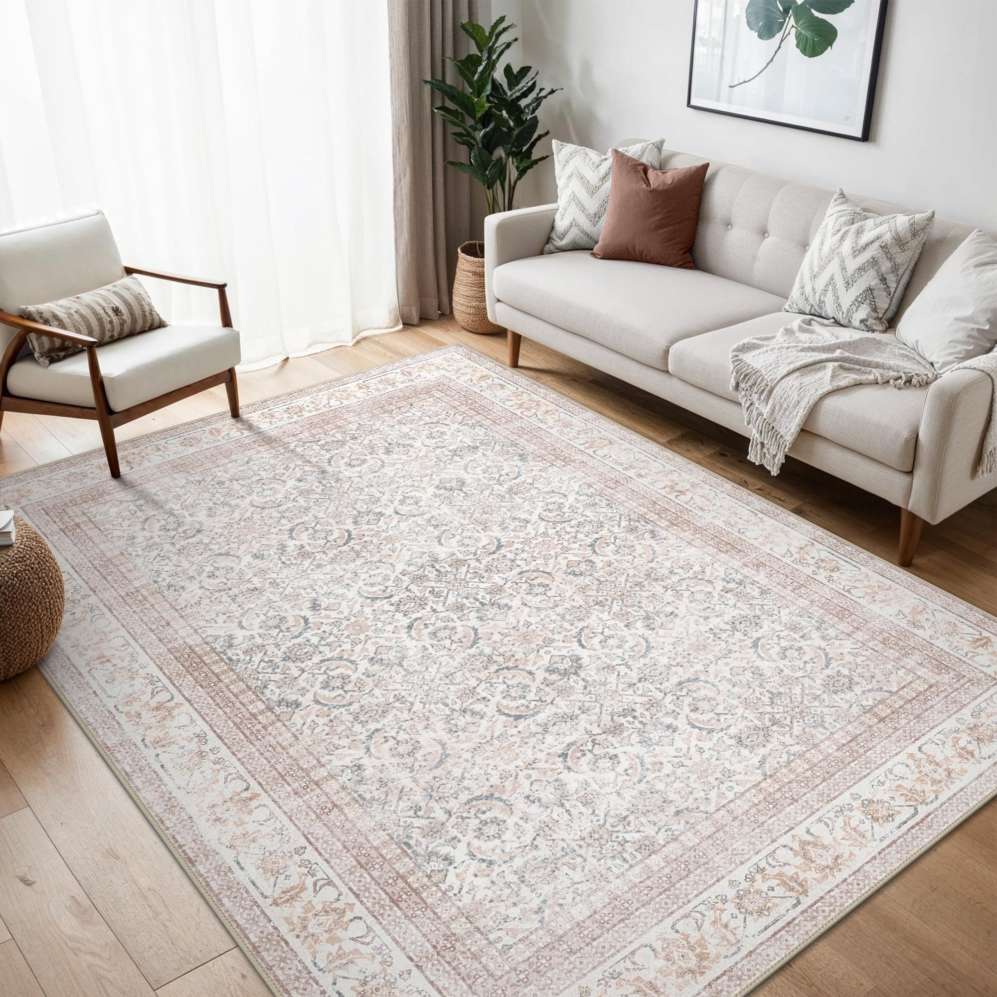 BEIMO Alfombra de Salón de Pelo Corto, Tapetes Vintage Antideslizantes y Lavables, Alfombra Grande para Sala, Habitación, Dormitorio, Comedor, Rosa Suave, 240X300CM