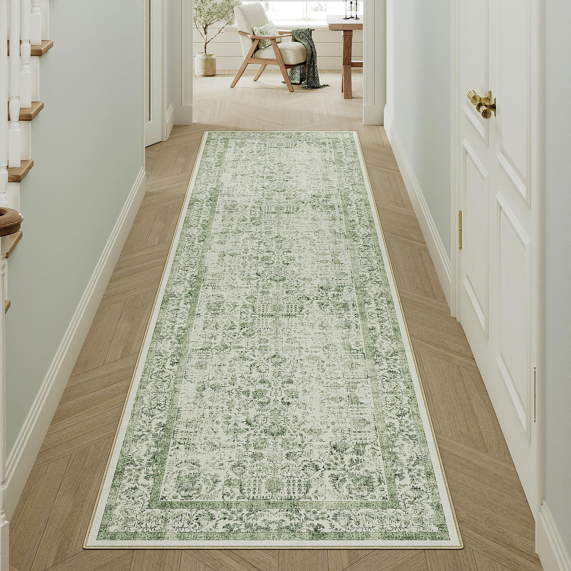 HUGEAR Vintage Passatoia Tappeto Corridoio Verde Tappeti 60x180cm Cucina Antiscivolo Lavabile in Lavatrice Tapette Camera da Letto Scendiletto Cameretta Ufficio Pelo Corto Lungo Carpet