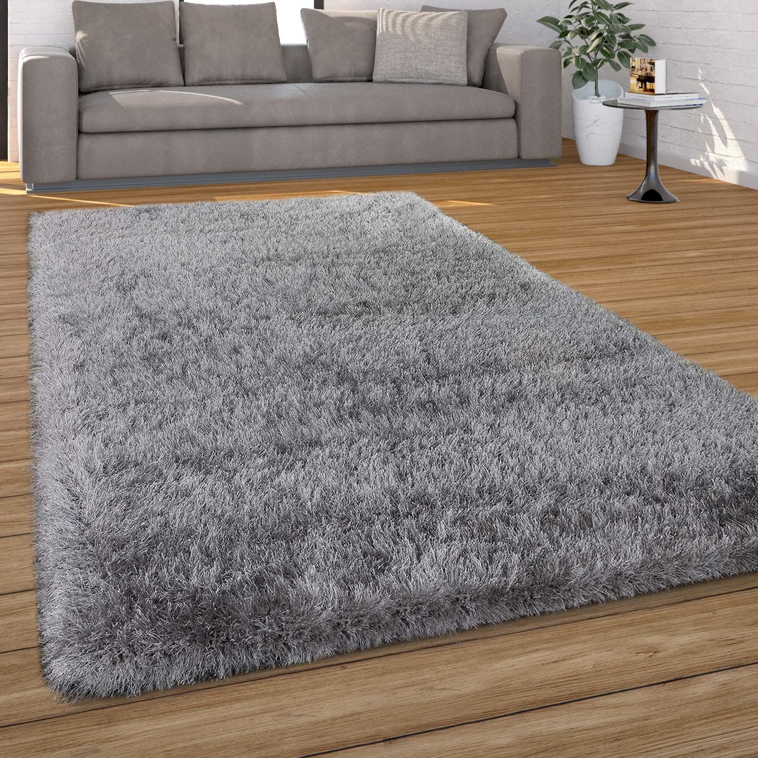 Paco Home Hochflor Teppich Wohnzimmer Schlafzimmer Shaggy Weich Modern Pastell Einfarbiges Design, Grösse:80x150 cm, Farbe:Grau