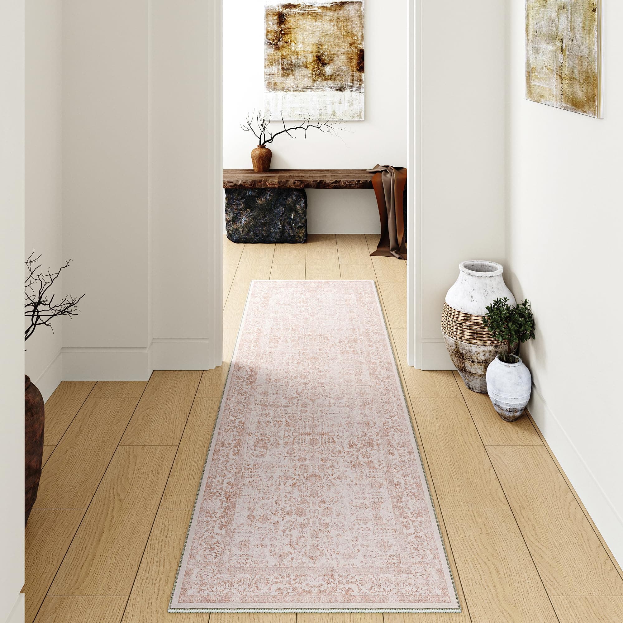 HUGEAR Rose Tapis Couloir Lavable en Machine Tapis de Passage Cuisine Chambre Adulte Tapis Couloir Long 60x240cm Doux Vintage Descente de Lit AntidéRapant Decoration Chambrel Mangerd