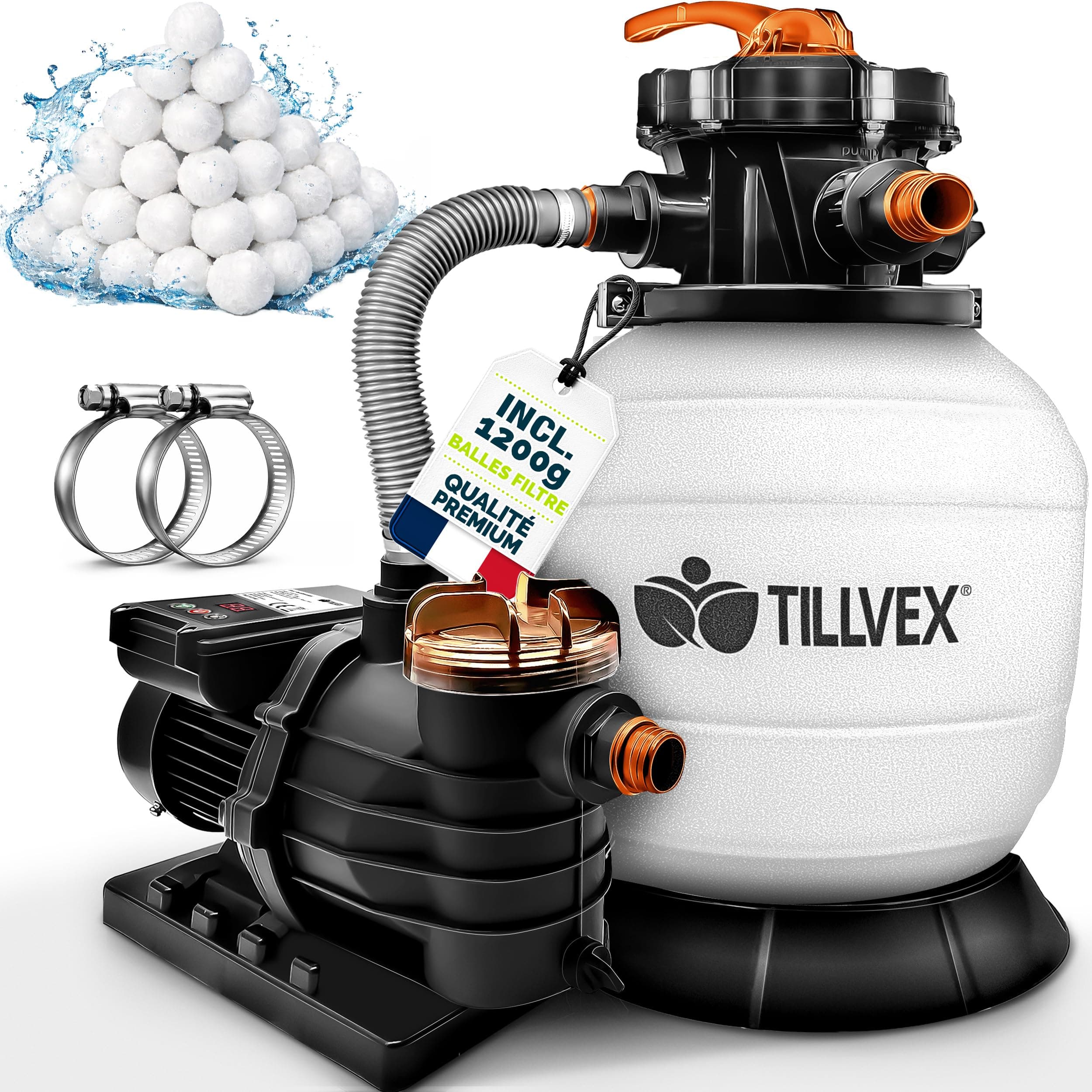 tillvex® Système de Filtre à Sable 13 200L/h jusqu'à 40 000L + 1200g Boules Filtre | 7 Fonctions & Adaptateur 2en1 Ø32-38mm | Filtre piscine & indicateur de pression (Blanc/Orange, Avec minuterie)