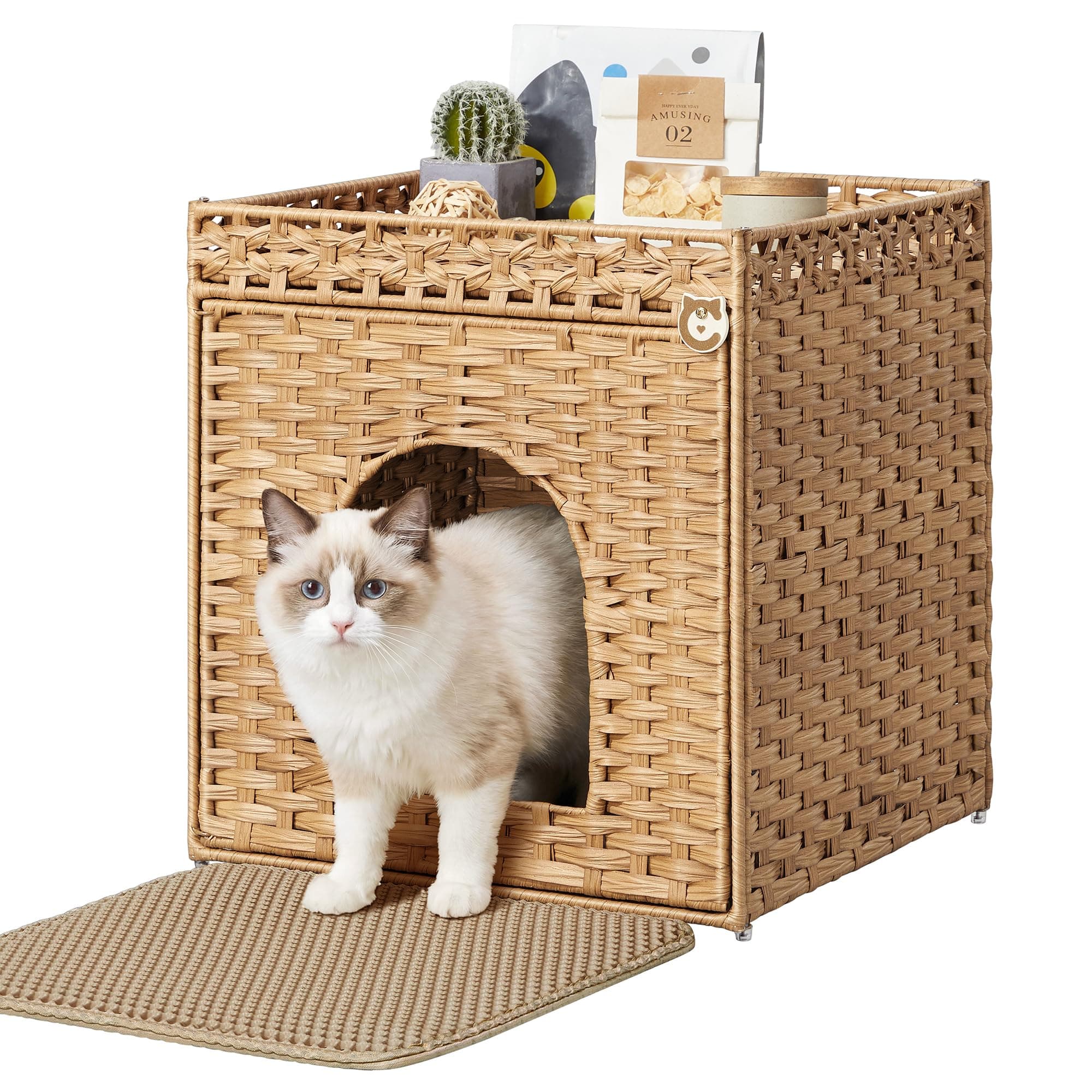 Feandrea Maison de Toilette pour Chat, Aspect Rotin, Bac Amovible, Lavable | Bac à Litière, Tapis de Litière, Style Bohème, Table d'Appoint, Jaune Canard, Collection ELIOTT PCL024YE01