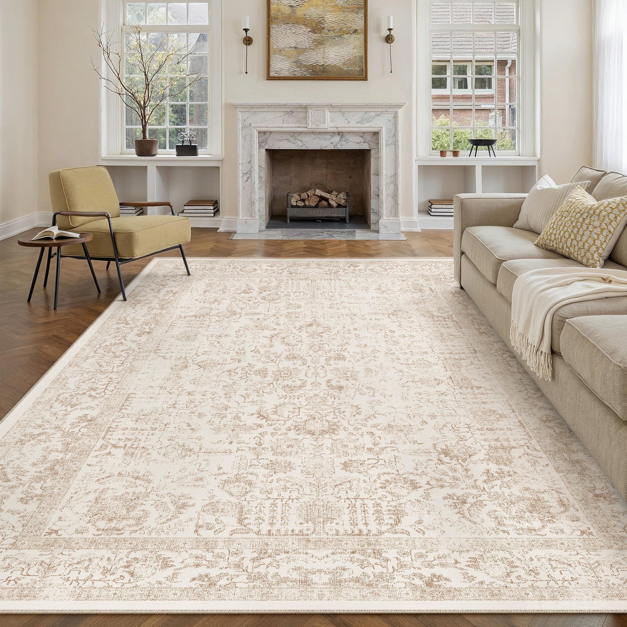 HUGEAR Vintage Tapis Salon 240x300cm Beige Chambre AntidéRapant Lavable en Machine Doux Grand Carpet Salle a Manger Descente de Lit Chambre Adulte Poil Ras Rug