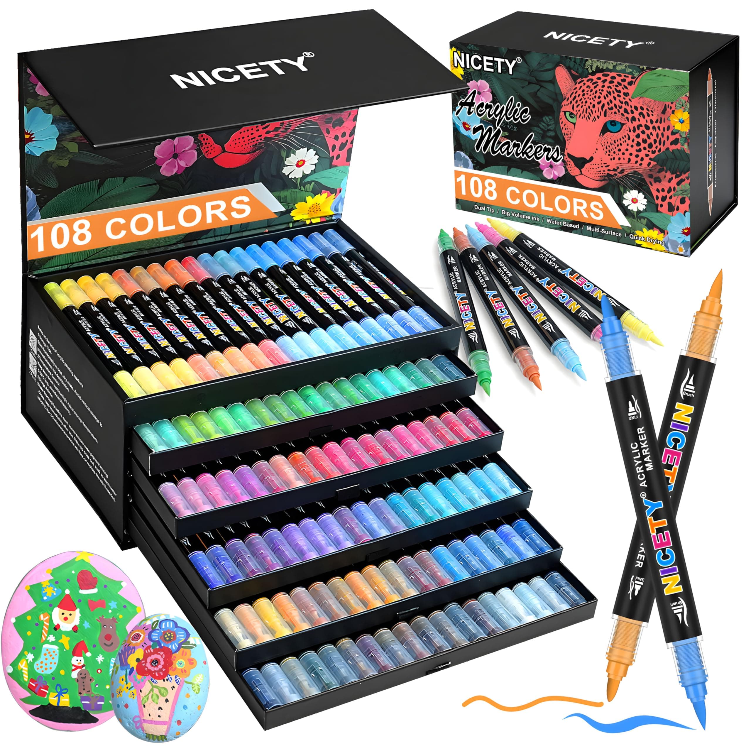 NICETY 108 Feutres Acryliques Double Pointe - Marqueurs Peinture Multi-Supports pour Pierre, Bois, Céramique - Idéal DIY, Artistes et Débutants - Non Toxiques à l'Eau