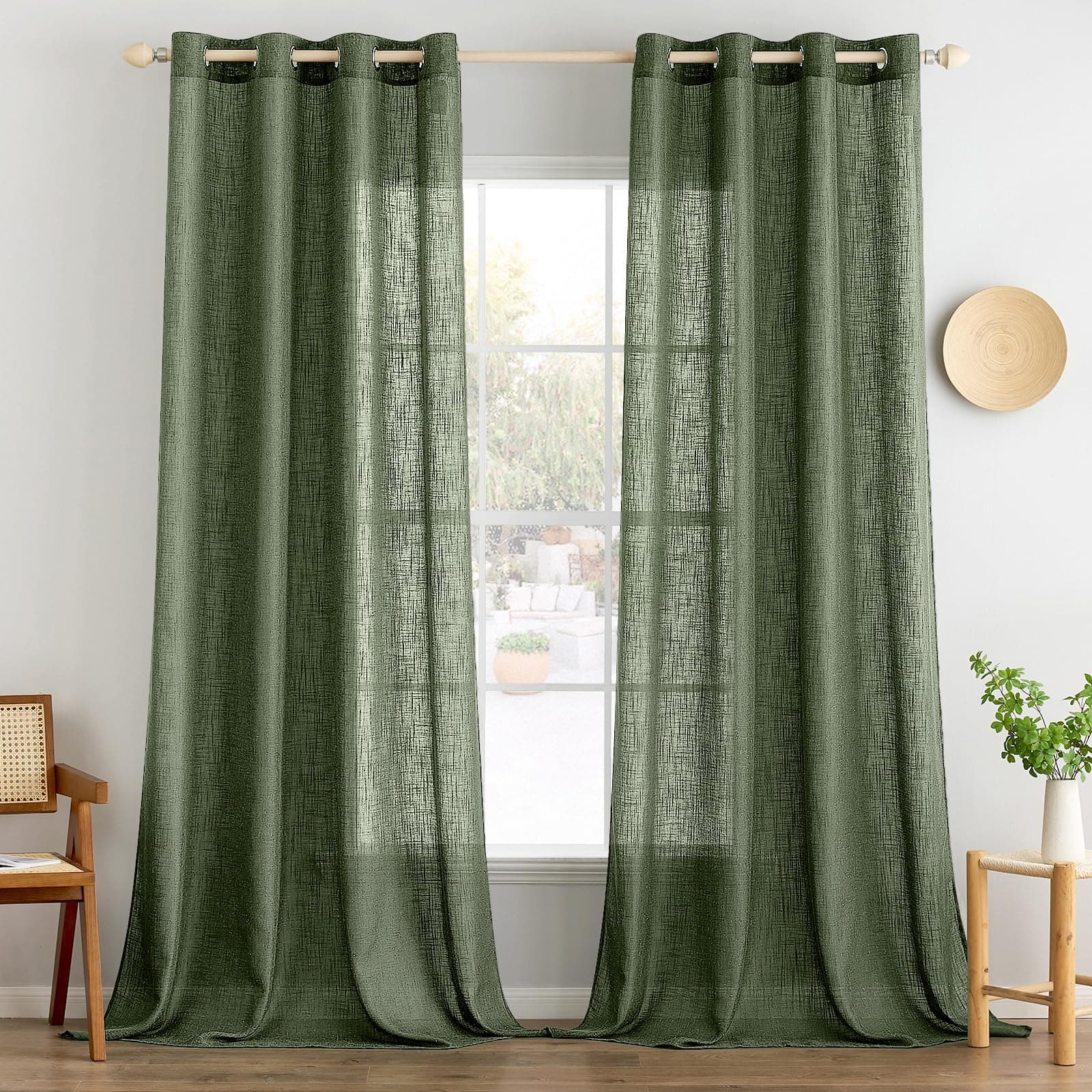 MIULEE Gardinen Vorhänge mit ösen Voile Vorhang kurz Modern Leinenoptik Halbtransparent Ösenvorhang für Wohnzimmer Kinderzimmer Raumteiler 2er Set Olivgrün 260x140 cm