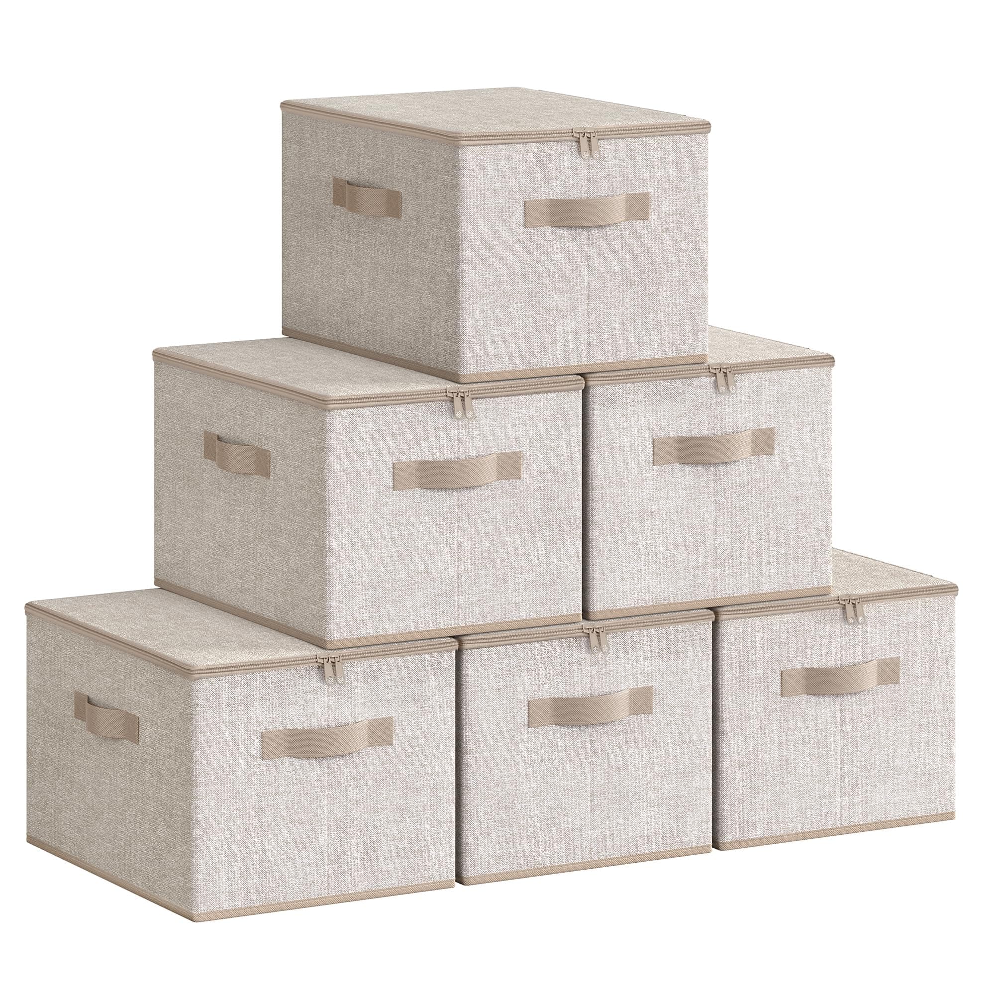 SONGMICS Aufbewahrungsbox mit Deckel, faltbare Stoffbox mit Griffen, Aufbewahrung für Kleidung, Vliesstoff, 6er Set, 40 x 30 x 25 cm, sandbeige RZB003K02