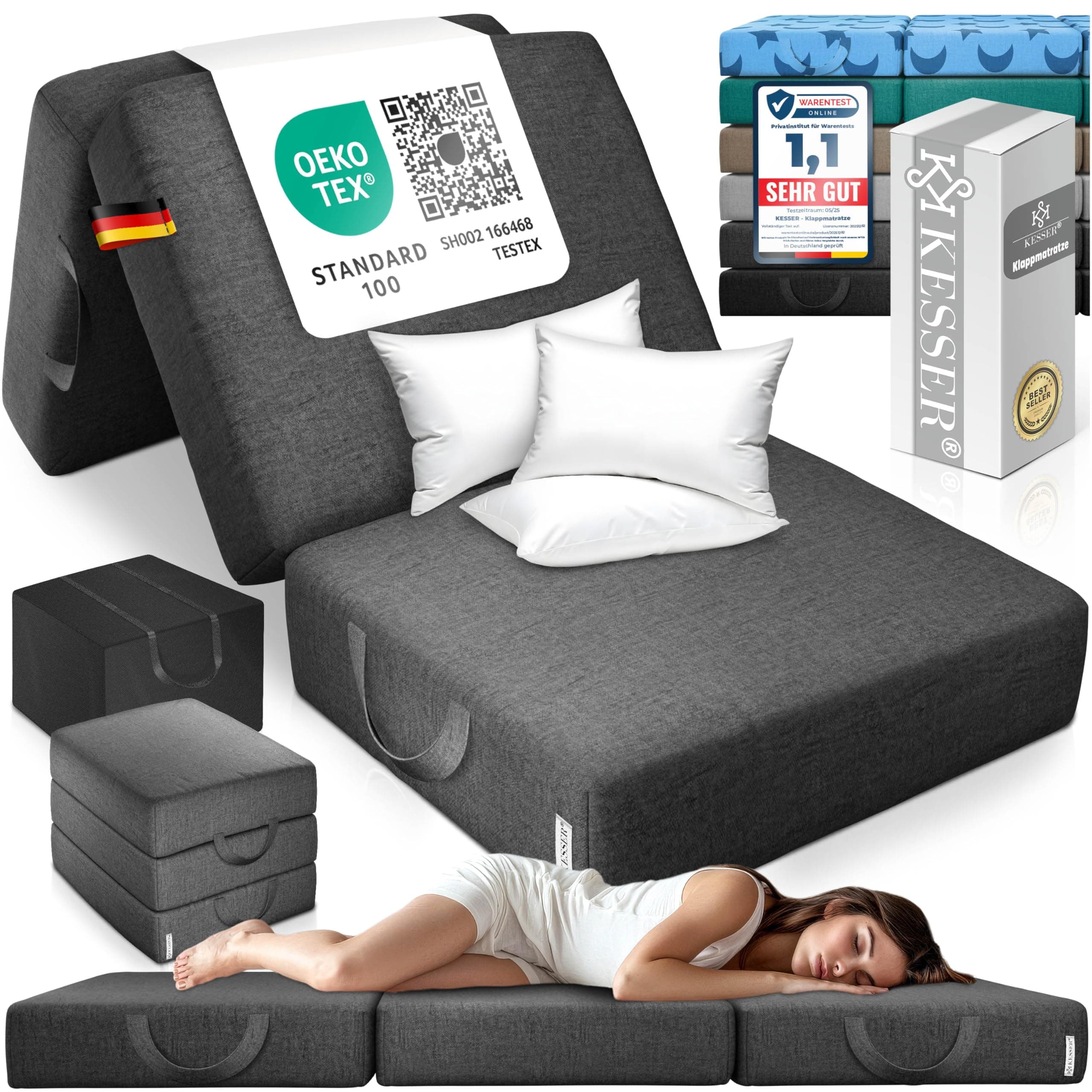 KESSER Matelas pliant, 75 x 195 x 15 cm, en mousse de 25 kg/m³, extra épais, 15 cm, respirant, lavable, housse amovible, avec sac de transport de camping