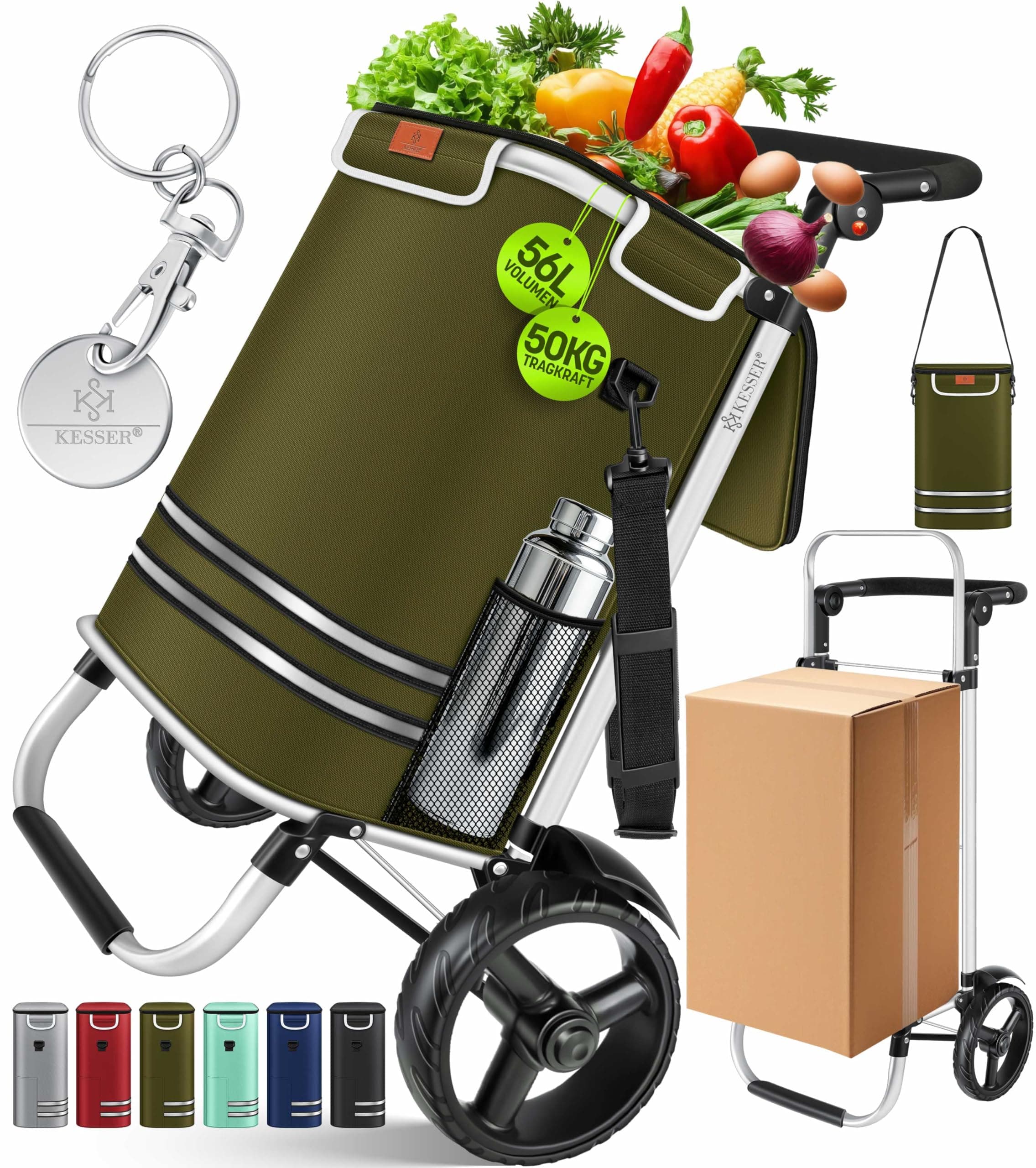 KESSER® Einkaufstrolley klappbar mit 56L Kapazität und belastbar bis 50kg | 3in1 Trolley Sackkarre & Umhängetasche | Faltbarer Einkaufswagen inkl. Kühlfach & Einkaufschip | Treppensteiger Khaki