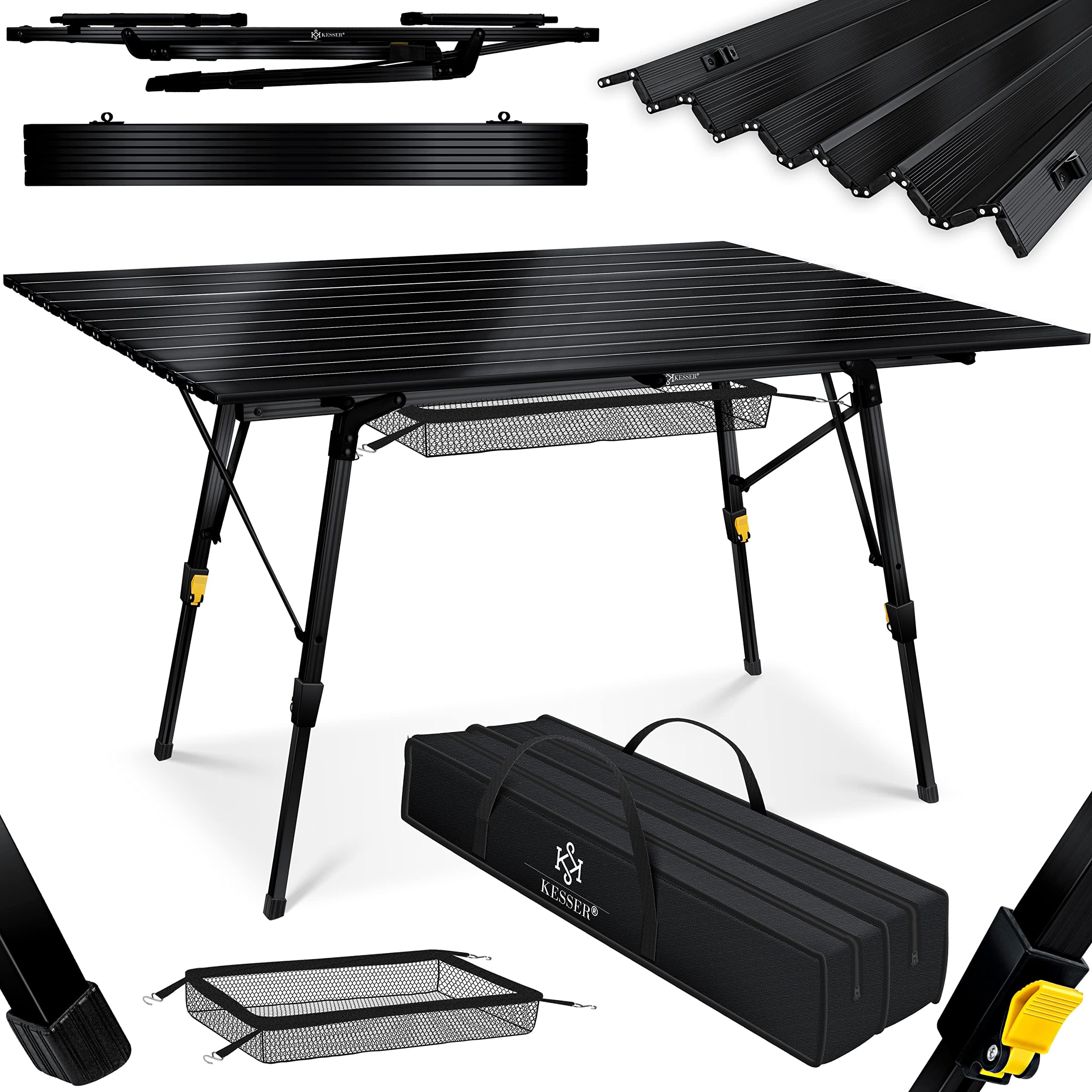 KESSER® Table de Camping Pliante Pliable | Plateau Enroulable avec Cadre Aluminium et Réglage de Hauteur | Sac de Transport Inclus