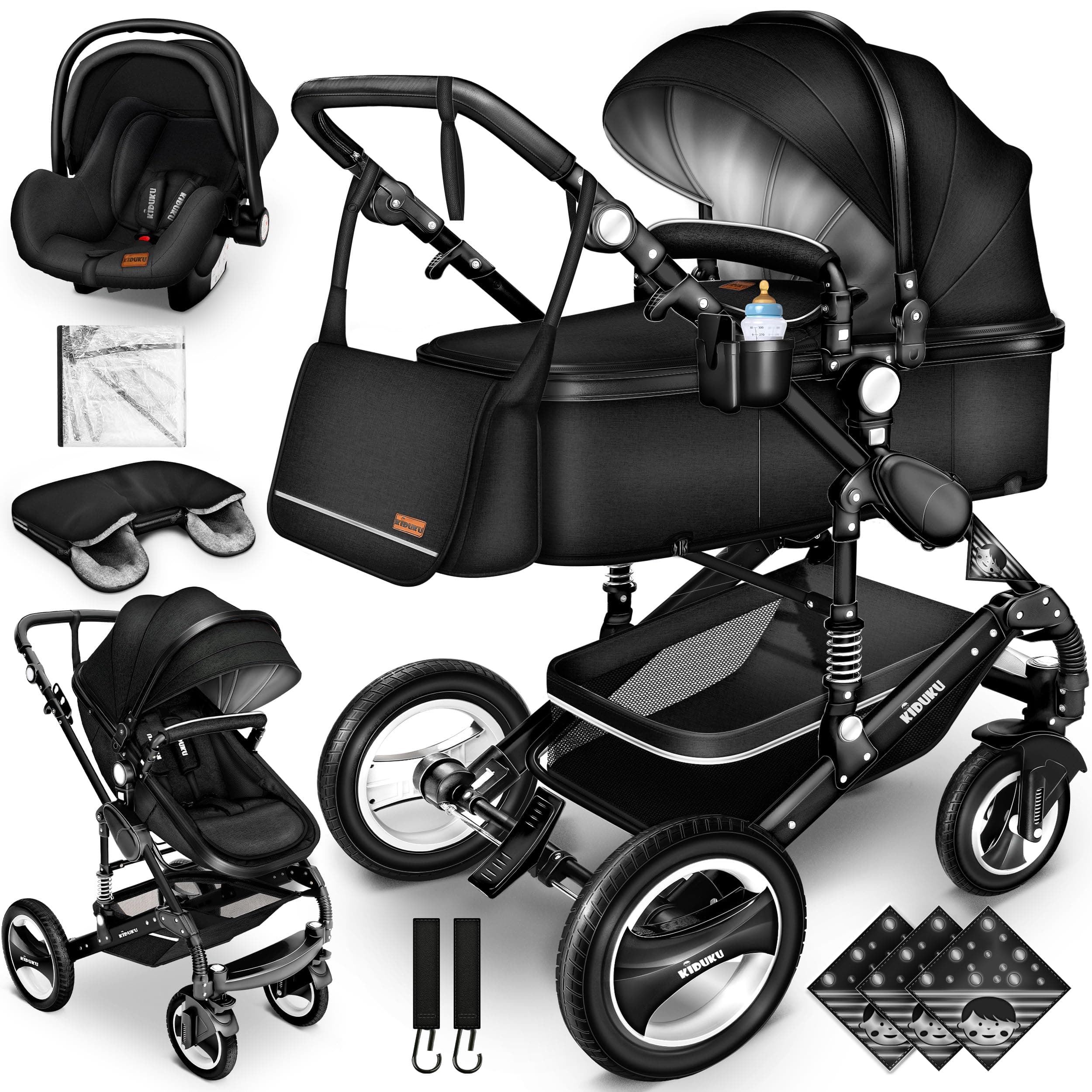 KIDUKU® 3 in 1 Passeggino Completo Trio | Passeggino Sistema Combinato con Navicella Ovetto Seggiolino Auto Coprigambe | Pneumatici in Gomma Dura Borsa Fasciatoio Tavolo per Bambini ECE R129