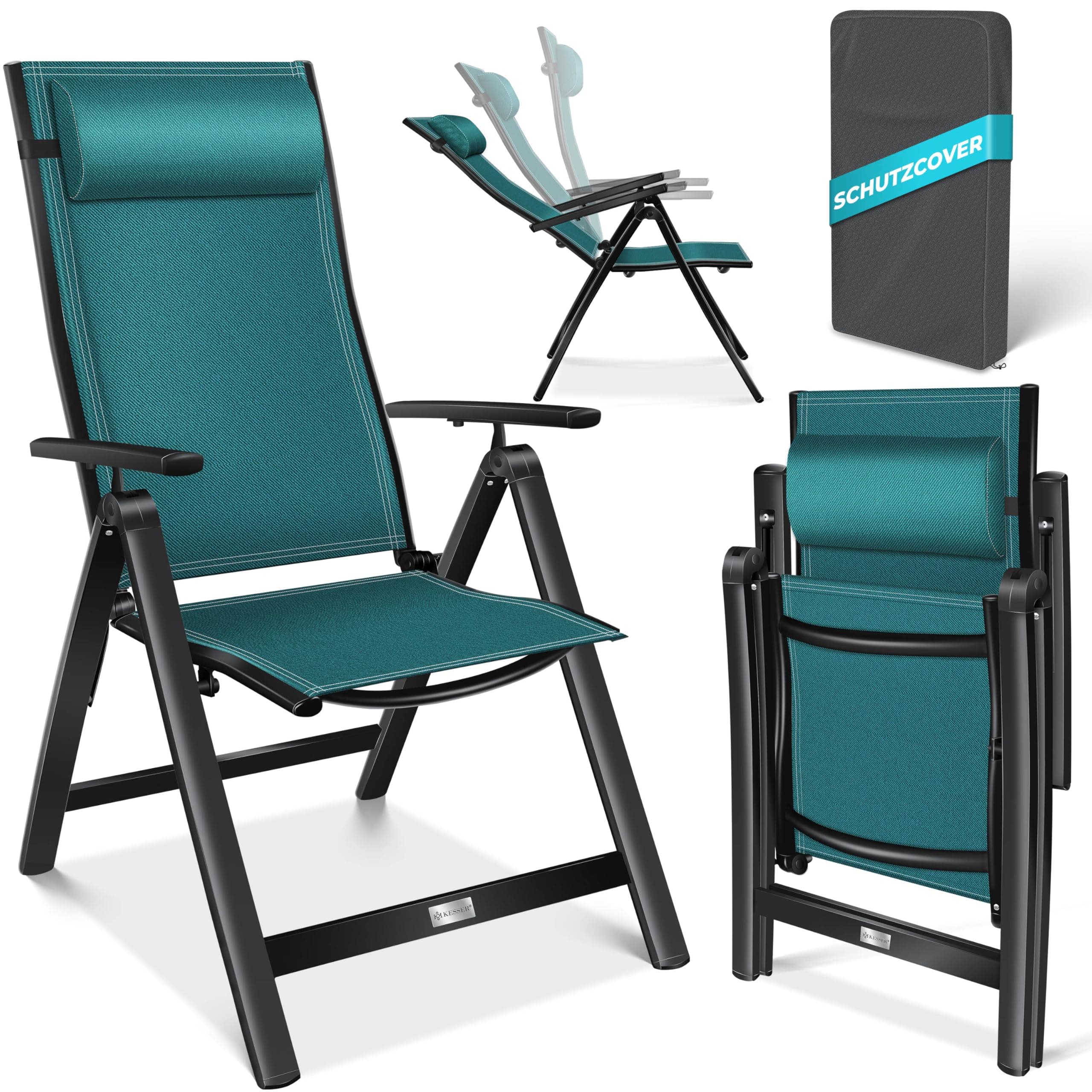 KESSER® Gartenstuhl Hochlehner mit Armlehnen Aluminium Klappstuhl mit Kopfkissen & Abdeckung Campingstuhl 7-Fach Verstellbar Rückenlehne Atmungsaktiv & Wetterfest Klappbar & Anti-Rutsch, Petrol