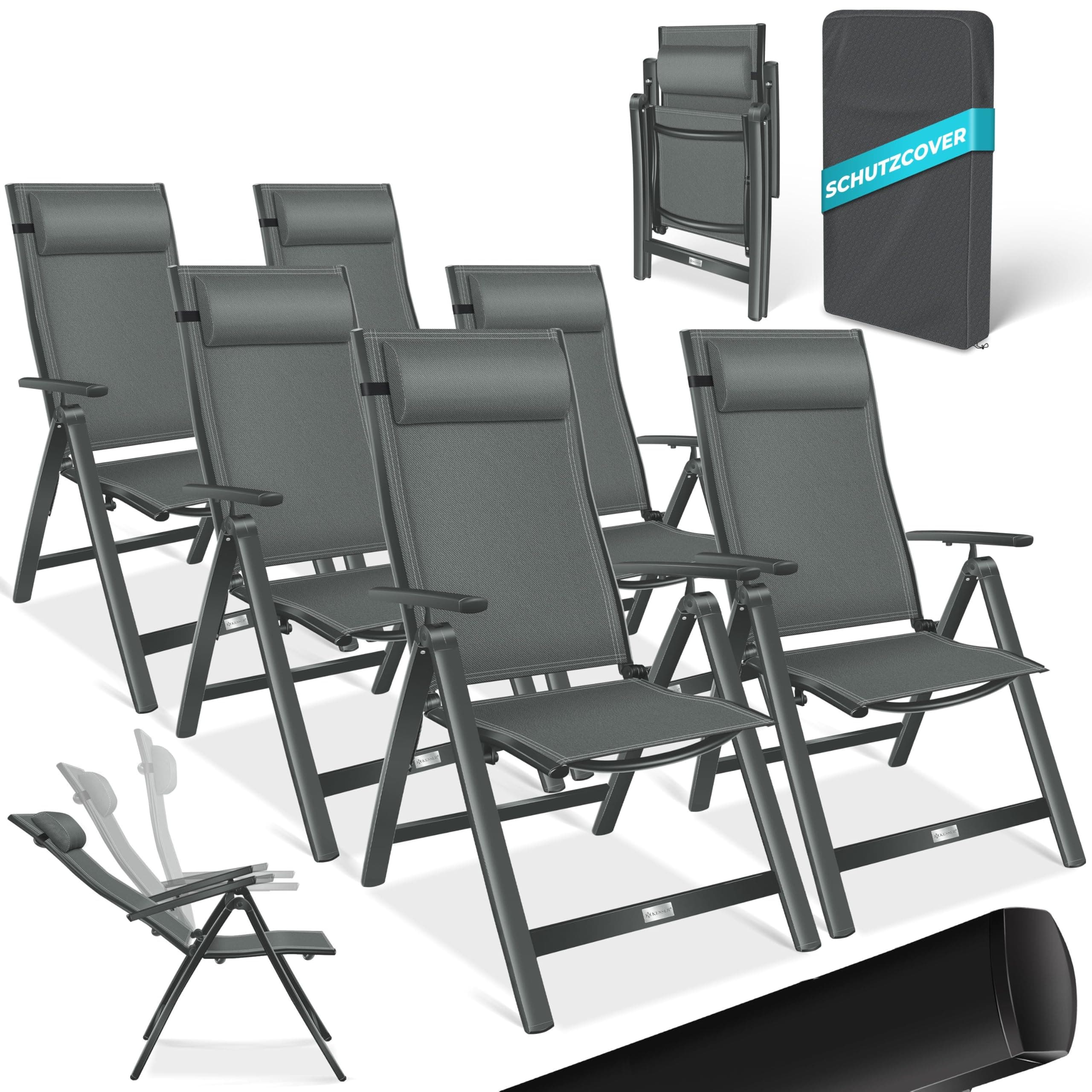 KESSER® Gartenstuhl Hochlehner mit Armlehnen 6er Set Aluminium Klappstuhl mit Kopfkissen & Abdeckung Campingstuhl 7-Fach Verstellbar Rückenlehne Atmungsaktiv Wetterfest Klappbar Anti-Rutsch, Anthrazit