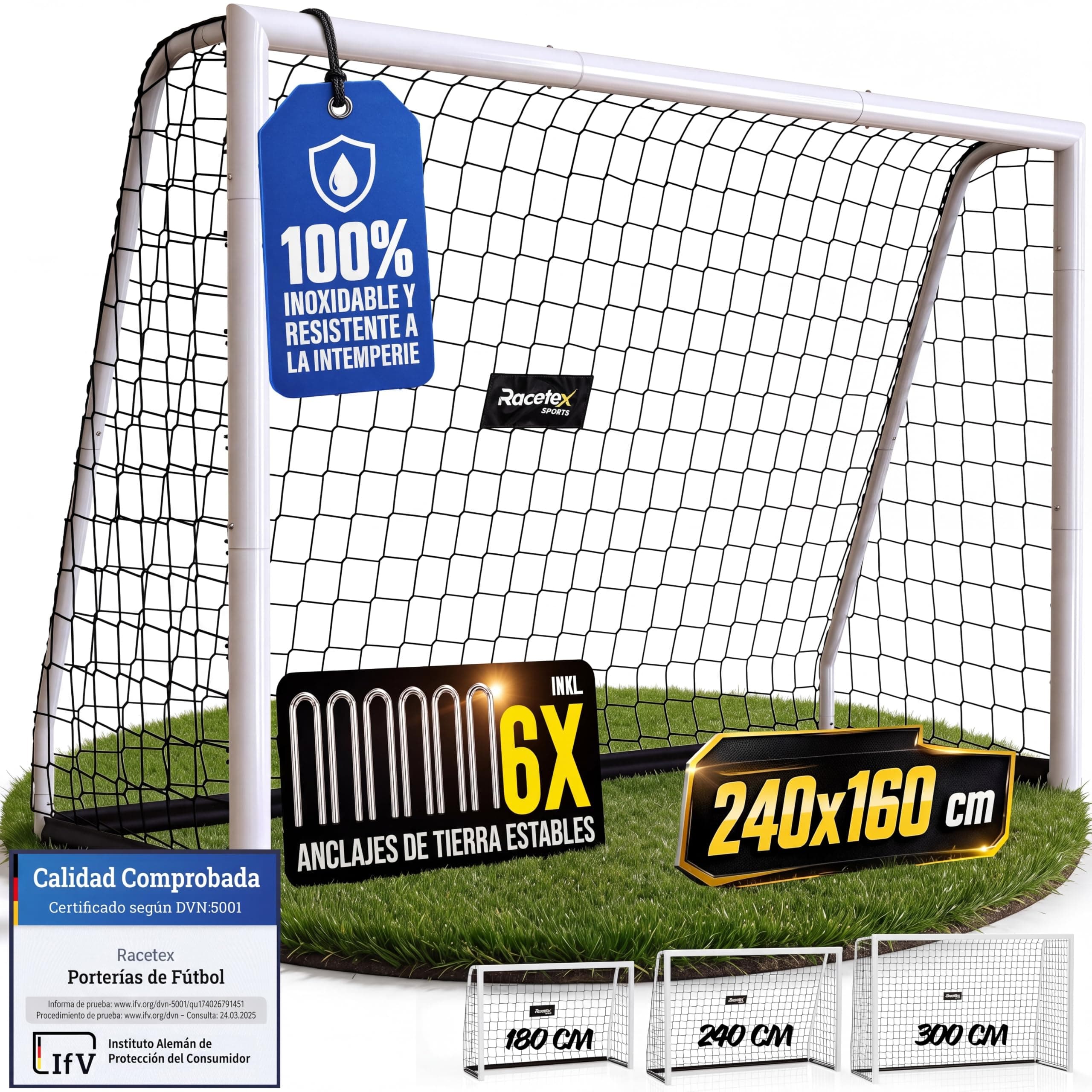 Racetex Portería de fútbol para jardín para niños y adultos [ENORM ROBUST] – Portería de fútbol para niños con marco de acero estable frontal – Portería de fútbol con anclaje de acero inoxidable – La