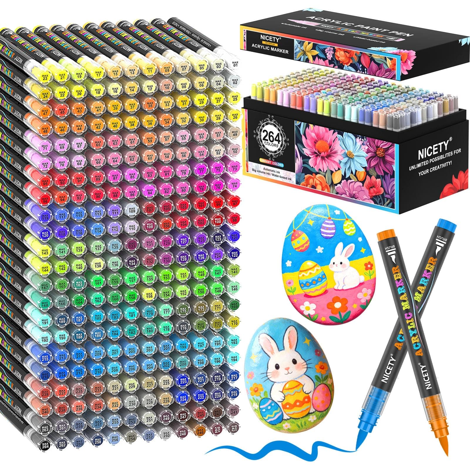 NICETY 264 Feutres Acryliques à Pointe Pinceau - Marqueurs Peinture à l'Eau Multi-Supports pour Pierre, Bois, Céramique, Verre - Pointe Flexible 1-6mm pour Artistes, Débutants et Adultes