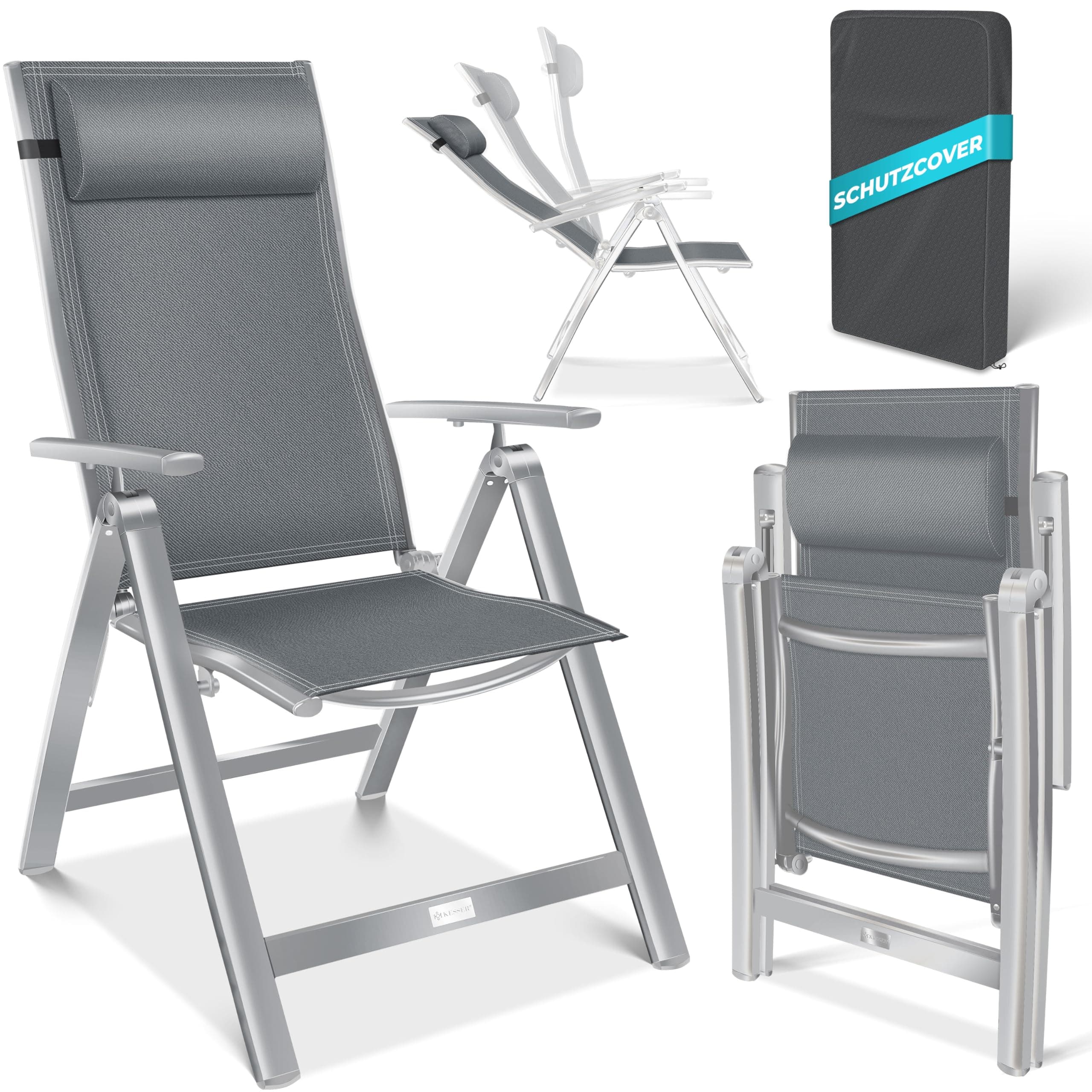 KESSER® Sedia da giardino con schienale alto, con braccioli, in alluminio, con cuscino, regolabile in 7 posizioni, resistente alle intemperie, pieghevole, 1 pezzo, Grigio Chiaro