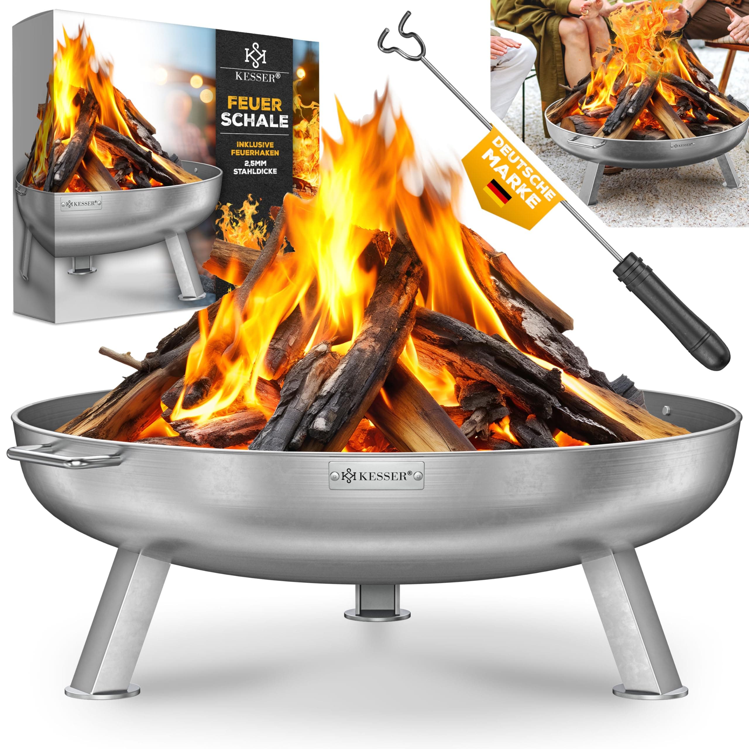 KESSER® Brasero en acier inoxydable 2,5 mm d'épaisseur Diamètre : 80 cm 42 cm Crochet en fonte 2 poignées solides Pour feu de camp, jardin et terrasse
