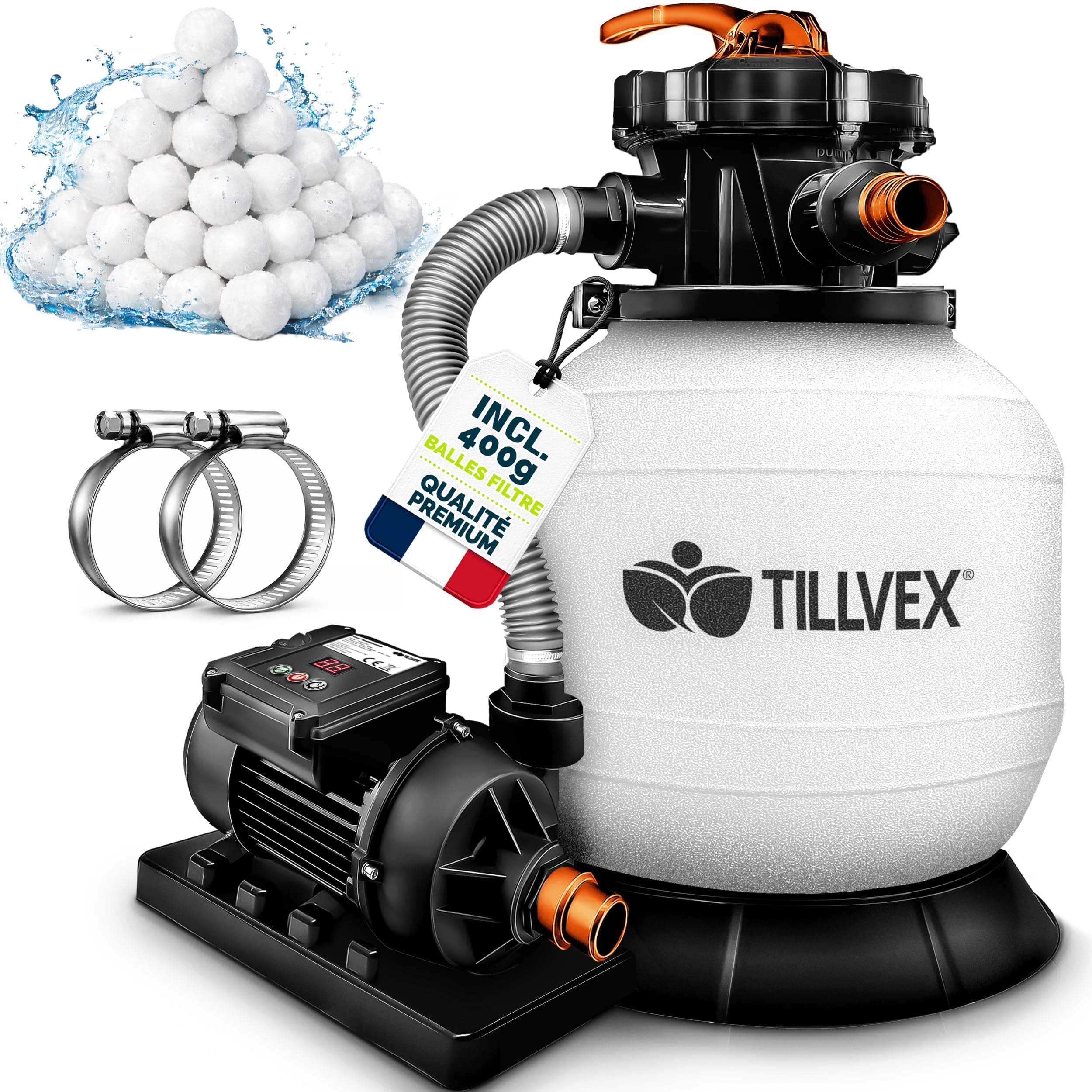 tillvex® Système de Filtre à Sable 7.900L/h + 400g Boules de Filtre | 7 Fonctions & Adaptateur 2en1 Ø32-38mm | Filtre de piscine avec indicateur de pression (Blanc/Orange avec minuterie)