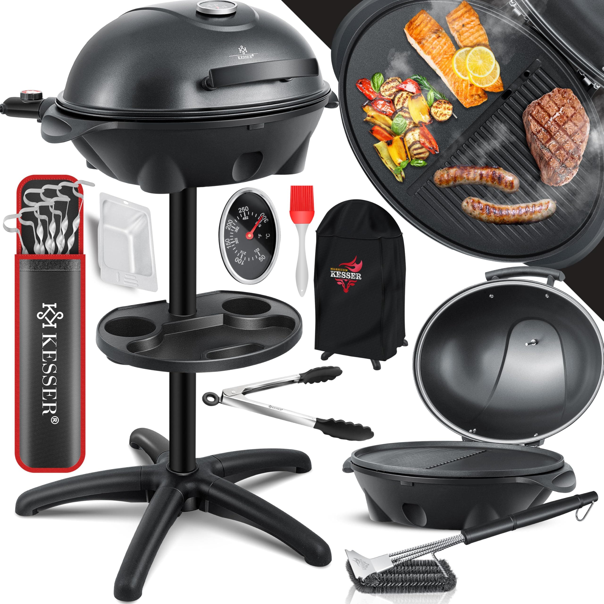 KESSER® Barbecue électrique 2 en 1, sur pied, couvercle, thermomètre, 2400 W, revêtement antiadhésif, plaque de cuisson XXL, rangement intégré