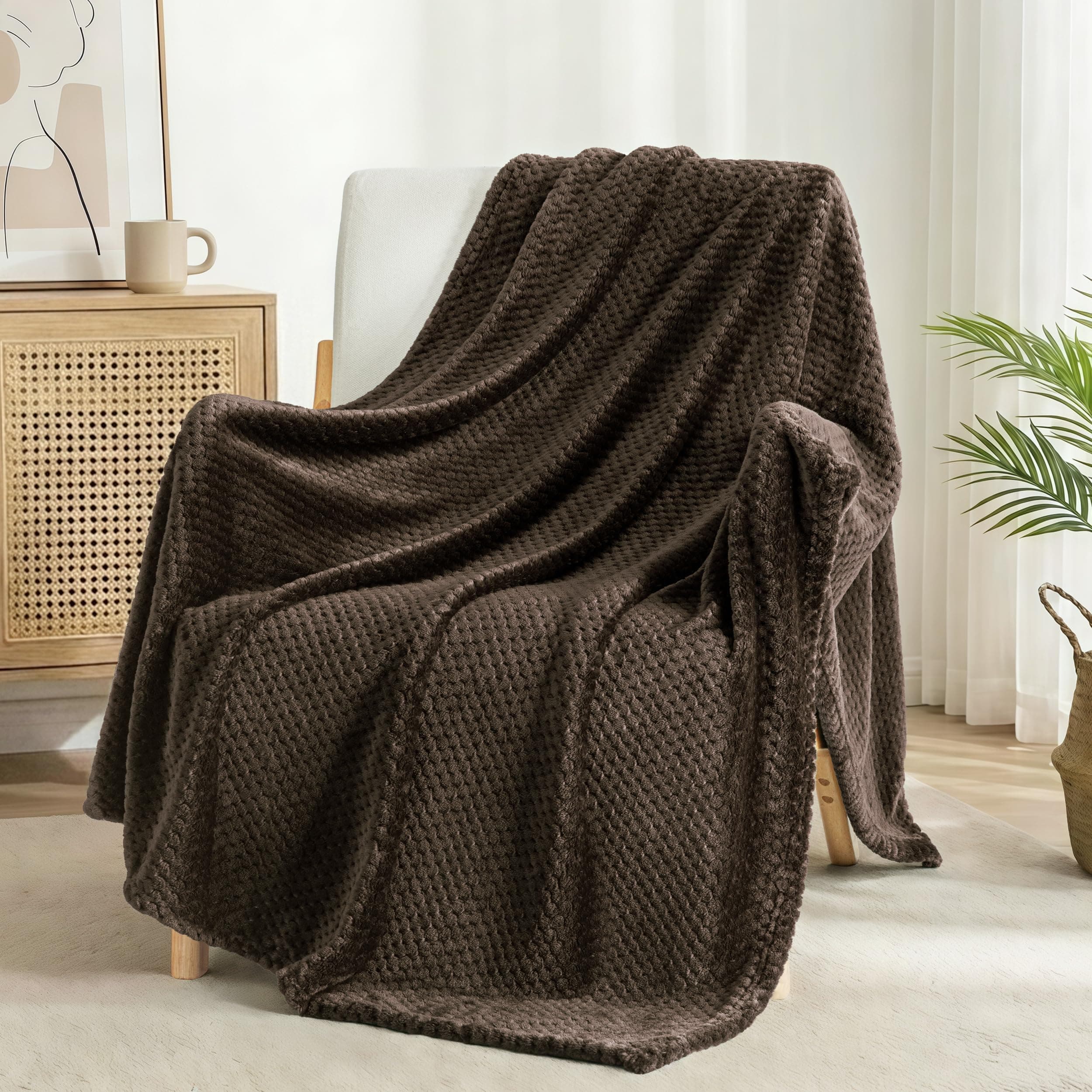 Exclusivo Mezcla Manta de Lana para Cama y Sofá, Suave y Cálida, con Estampado Jacquard de Gofre, Acogedora, Peluda y Ligera, 130x170 cm, marrón