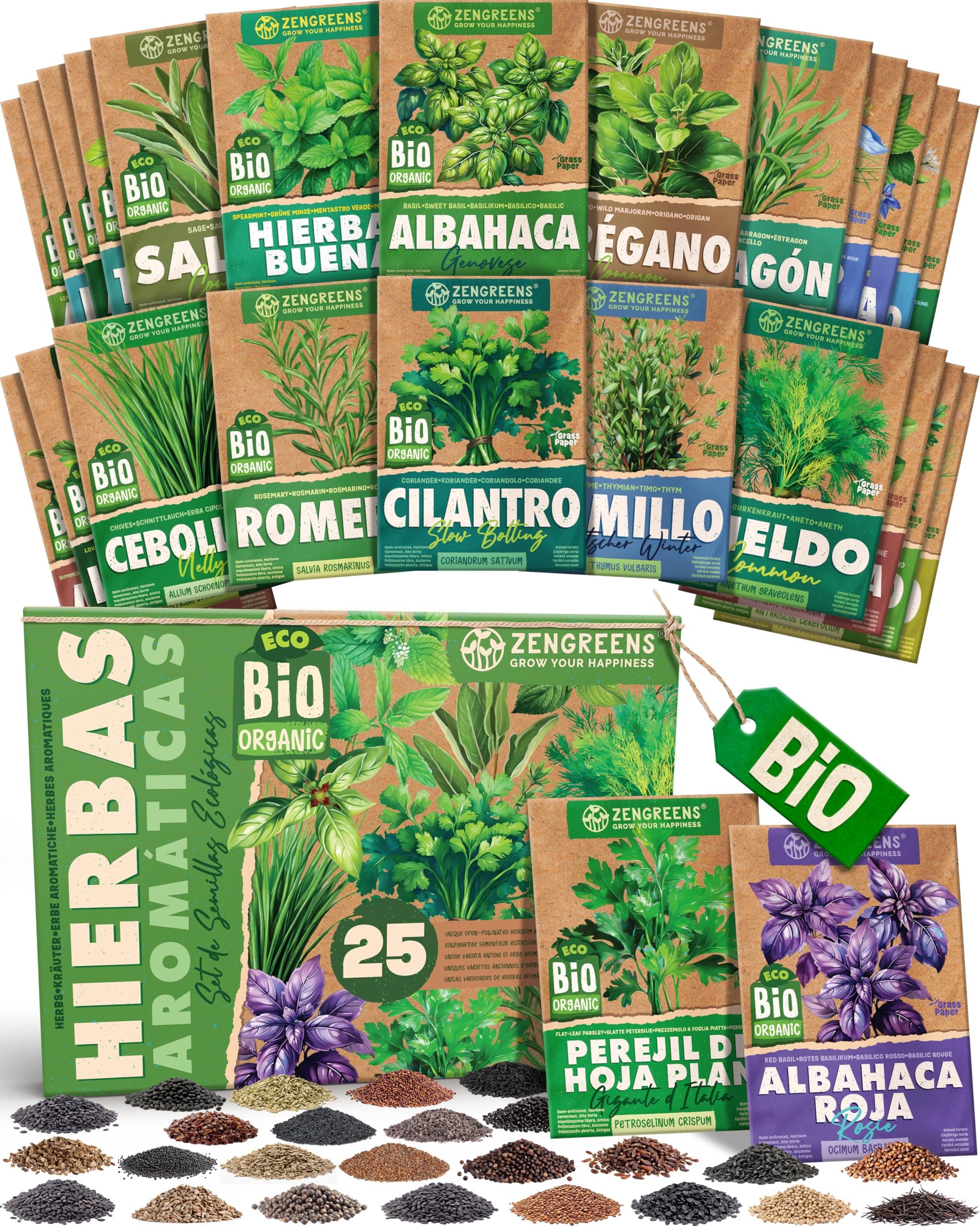 ZenGreens® - Set de semillas de hierbas aromáticas eco - 25 variedades para cultivar fácilmente en el jardín, balcón o parterre elevado - Sementes verduras
