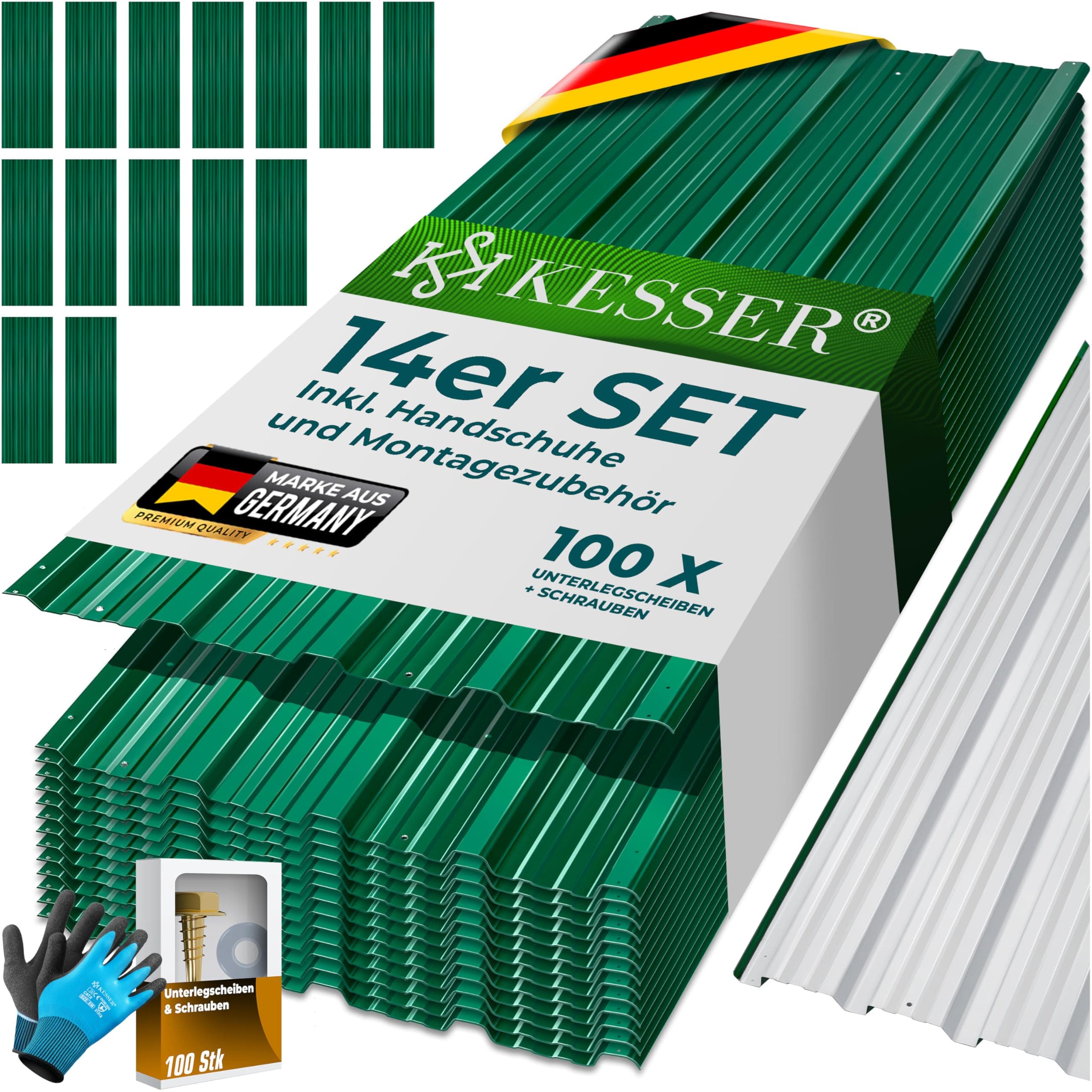 KESSER® 14 Stück Trapezblech Profilblech Set 110x46cm, 7 m² Dachblech verzinkter Stahl 0,25mm, Dachplatten für Gerätehaus, Schuppen & Dach + Schrauben, Unterlegscheiben & Montagehandschuhe, Grün