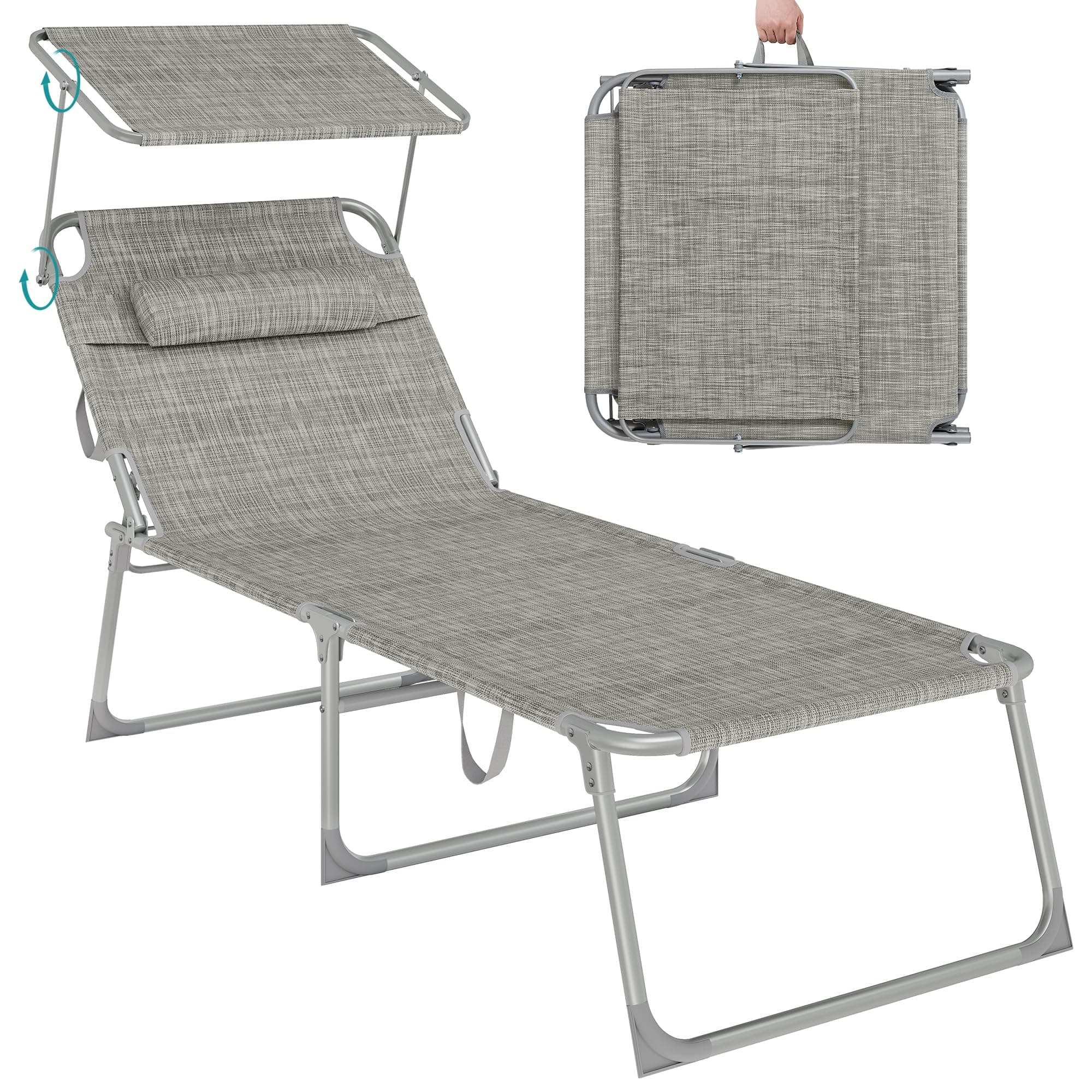 SONGMICS Große Sonnenliege, klappbarer Liegestuhl, 71 x 200 x 38 cm, Belastbarkeit 150 kg, mit Sonnenschutz, Kopfstütze und Verstellbarer Rückenlehne, für Garten Pool Terrasse, Greige GCB022G01
