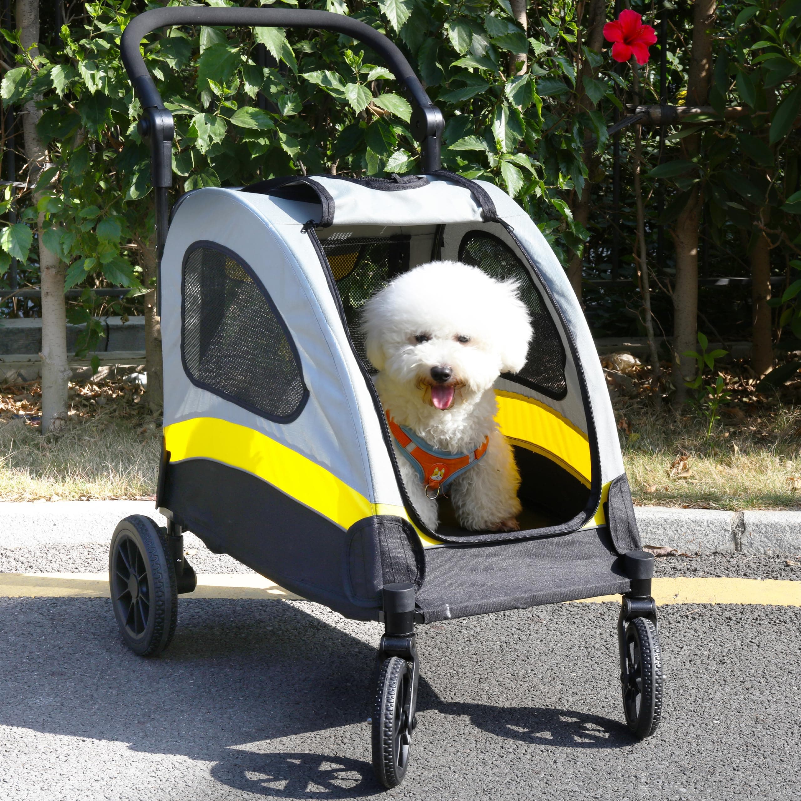 BingoPaw Carro Perro Pequeño Mediano Hasta 20kg Cochecito para Perros Paseo Plegable con Centro de Gravedad Bajo, Ruedas Amortiguadoras con Frenos, Puertas Frontal y Trasera, Transpirable Reisistente