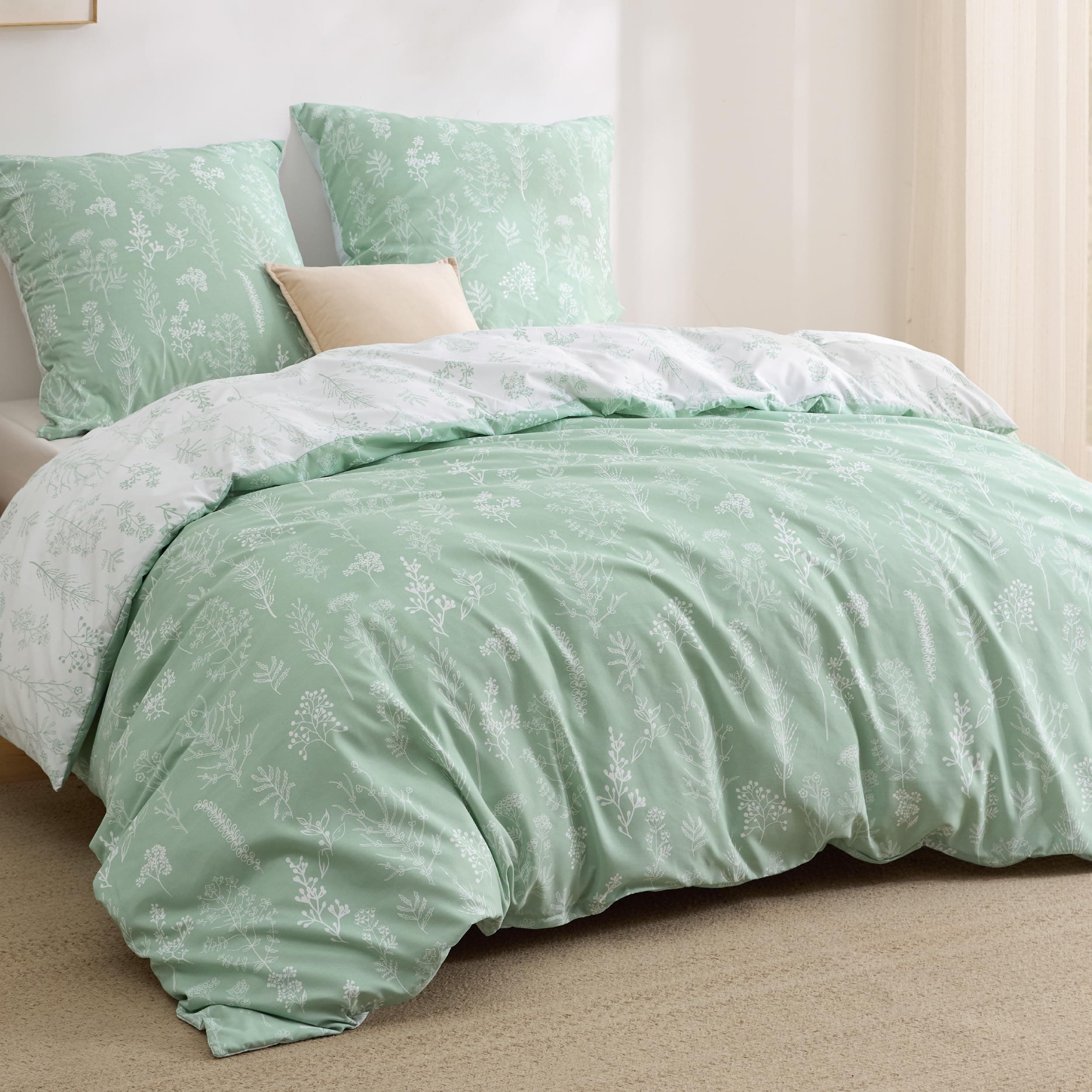 BEDSURE Bettwäsche 155x220 3teilig Bettbezug - Bettwäsche-Sets 155 x 220 cm mit 2 Kissenbezüge 80x80 cm, ÖKO-TEX Wendebettwäsche Bedding Grün Pflanzen Blätter Muster für Einzelbett mit Reißverschluss