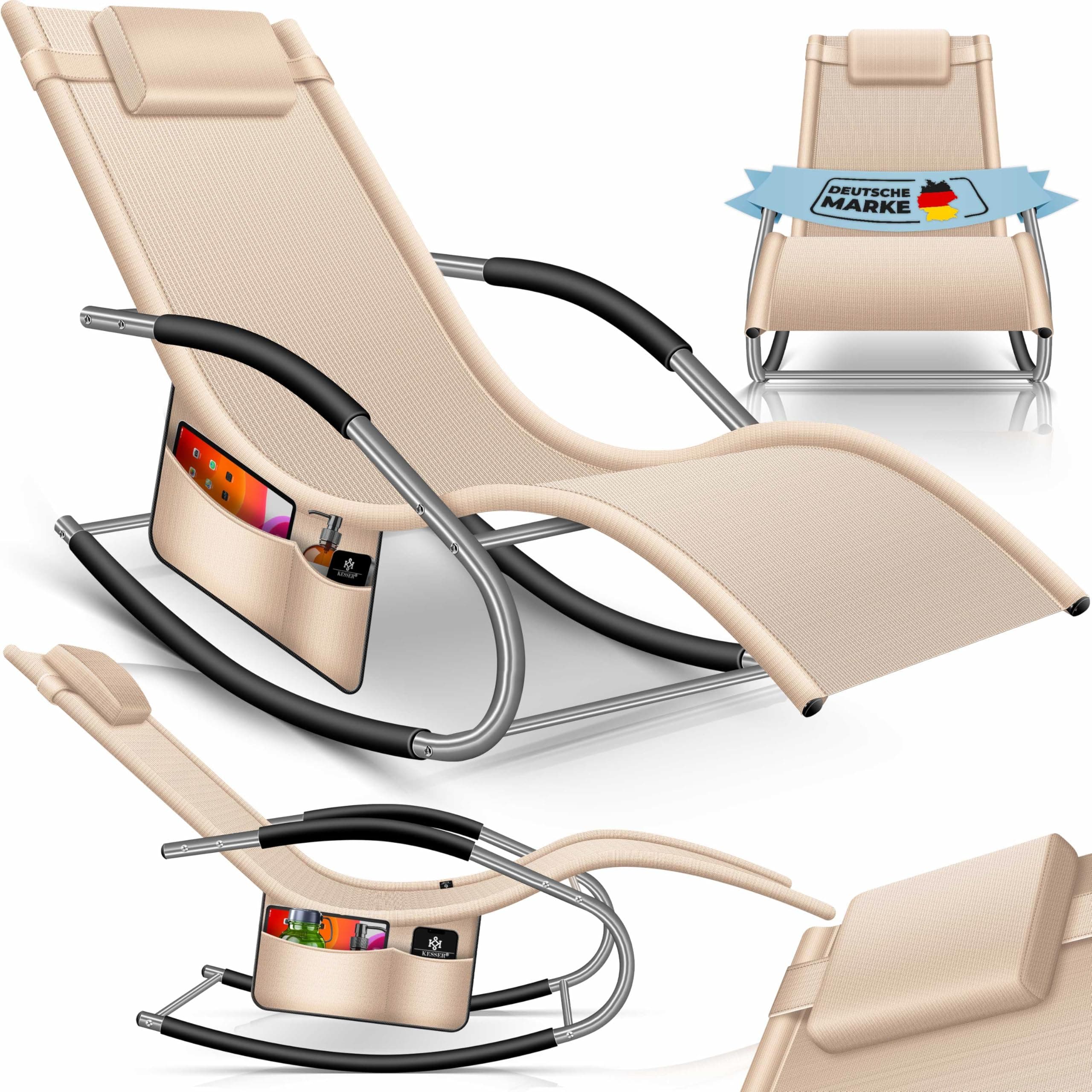 KESSER® Sonnenliege Relaxliege Schwungliege | Gartenliege | Gartenstuhl | Liegestuhl | Schaukelsessel | ergonomische Relaxsessel |Kopfkissen |wetterfest |150 kg Belastung |Inkl. Seitentasche, Beige