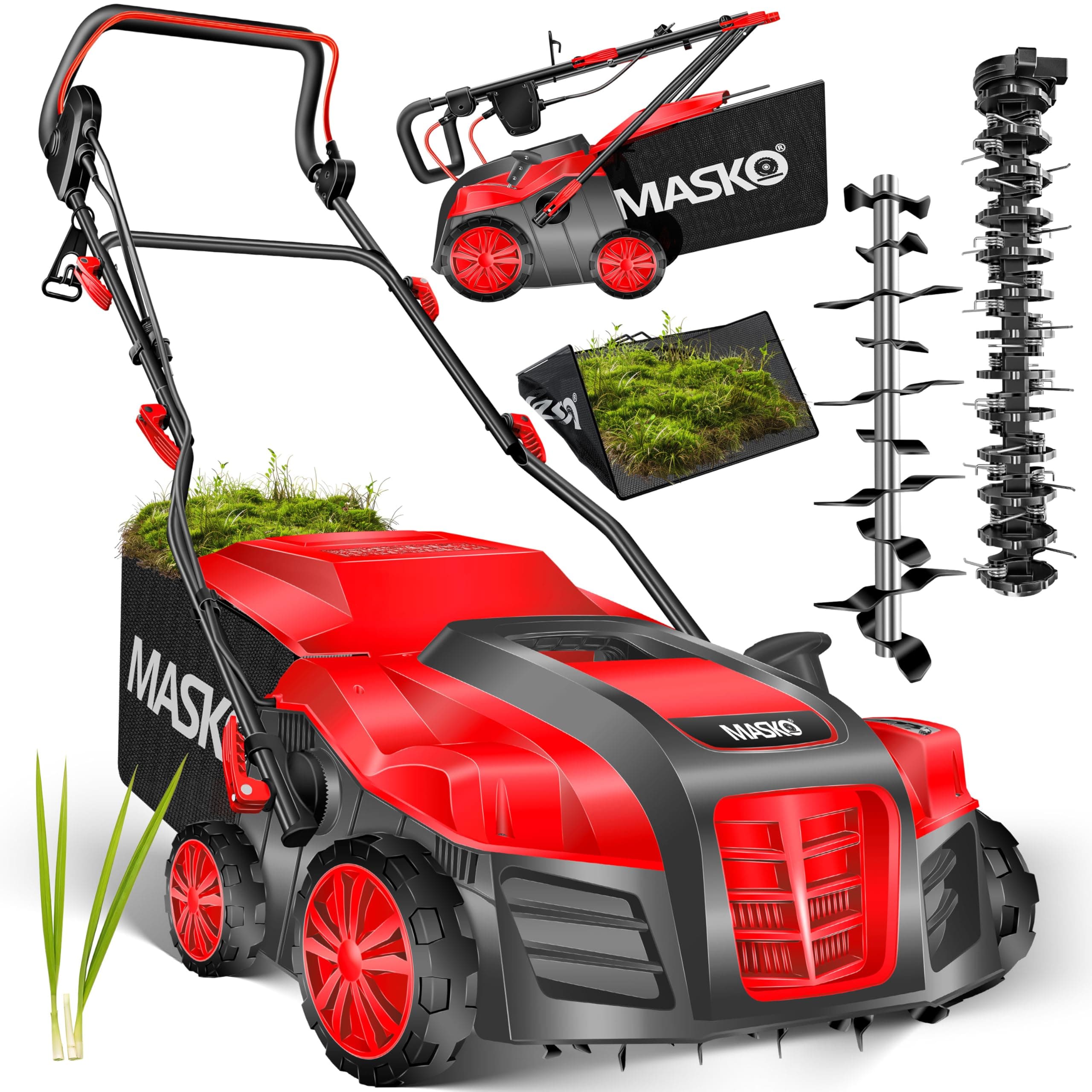 MASKO® Scarificateur électrique 2 en 1 Aérateur de gazon 1 800 watts largeur de travail 40 cm bac de ramassage 55 L incluant rouleau de ventilation aérateur démousseur, profondeur de travail, rouge