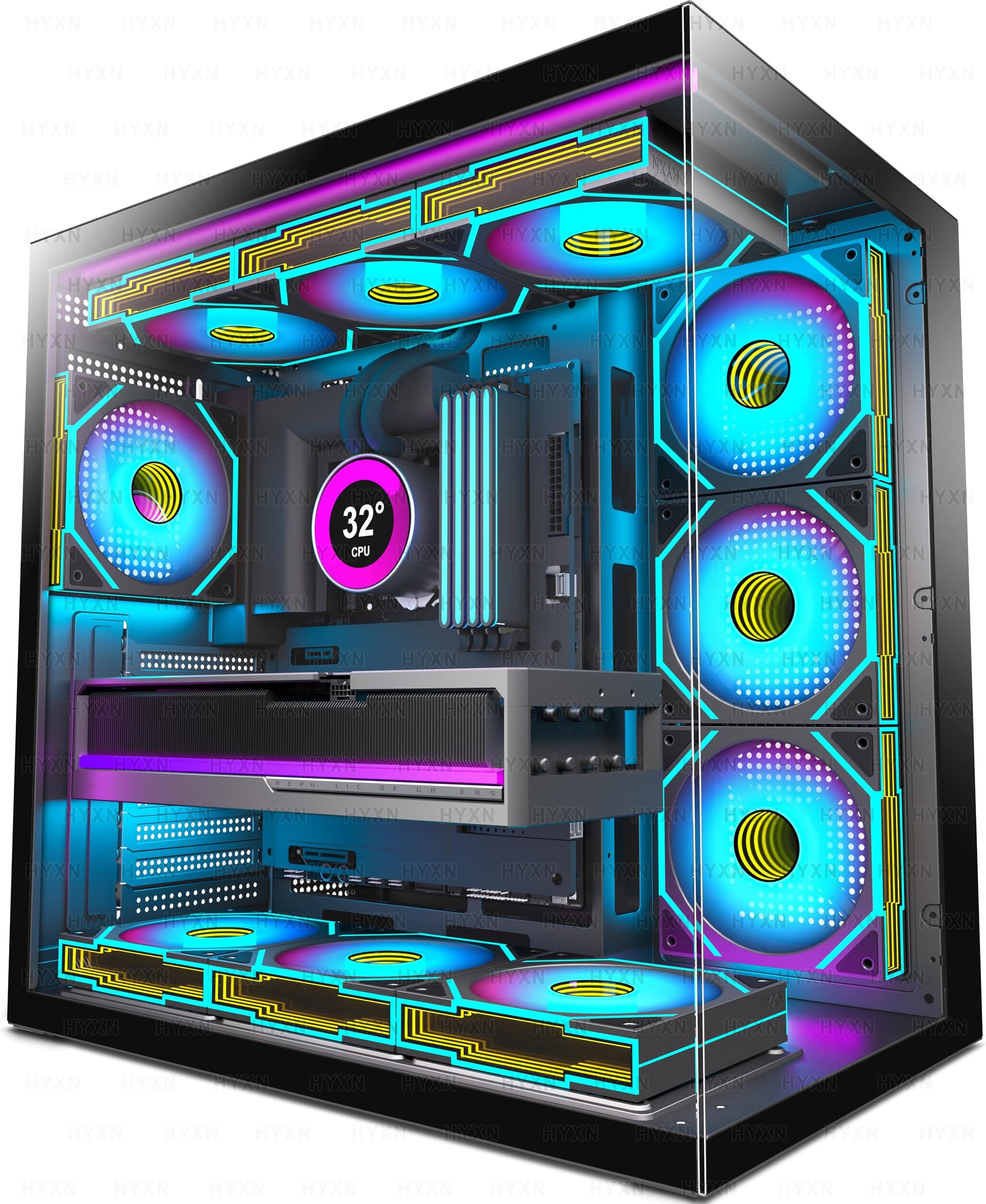 HYXN H1 ATX Boitier PC – 7 Ventilateurs PWM ARGB préinstallés, boîtier de PC de Jeu à Double Chambre, avec Type-C, Installation simultanée de 3 radiateurs de 360 mm (Black, H1)