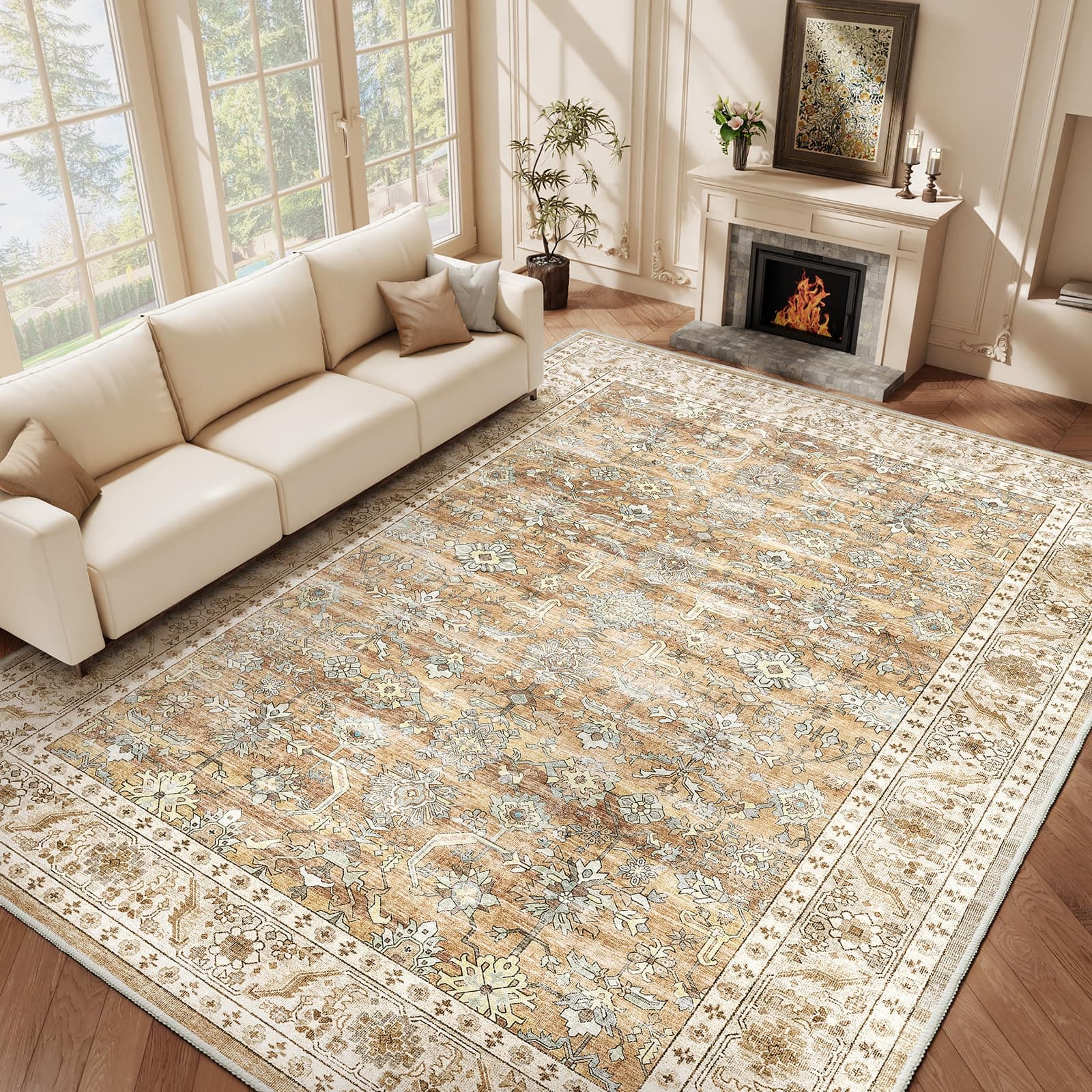 HOMFINE Alfombra Salon 200x300cm Vintage Lavable Beige Marrón | Alfombra Grande Lavable en Lavadora, Pelo Corto Floral, Antideslizante y Suave para Salón, Dormitorio y Comedor