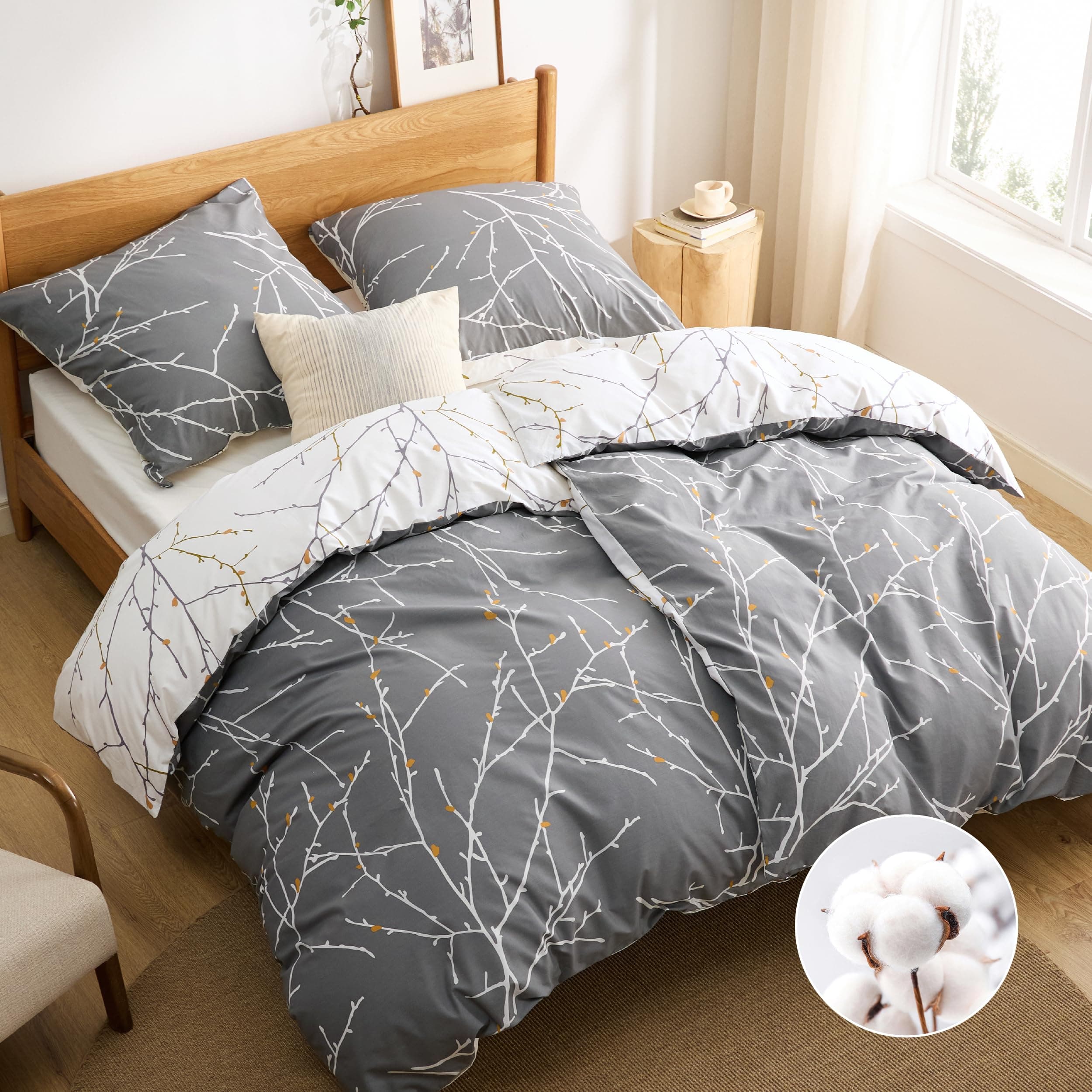 BEDSURE Bettwäsche 135x200 Baumwolle 4teilig - Bettwäsche-Sets Grau Bettbezug 2er Set mit 2 Kissenbezüge 80x80 cm, ÖKO-TEX Wendebettwäsche Bedding Zweige Muster mit Reißverschluss