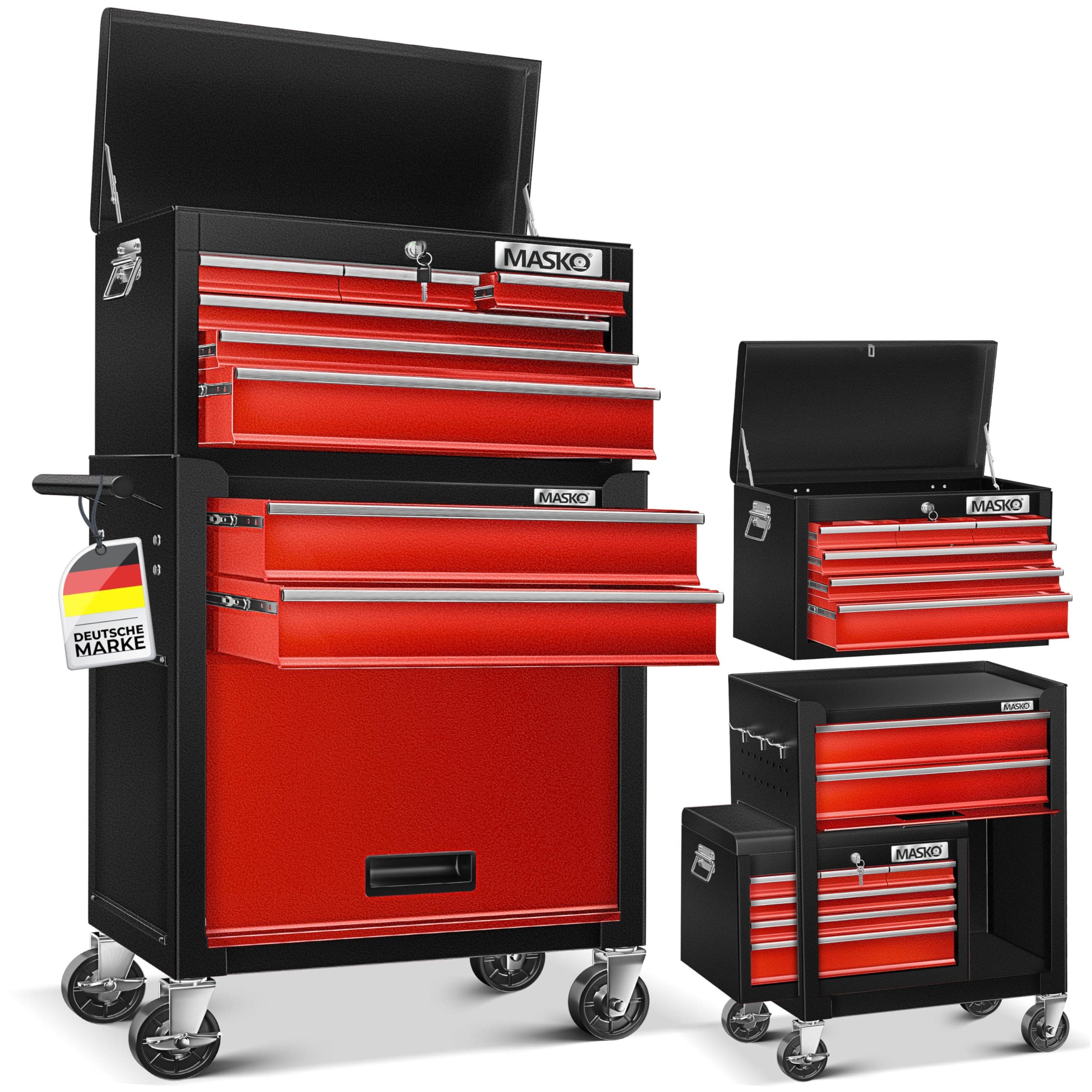 Masko® Chariot d'atelier avec Coffre : 9 Compartiments, verrouillable, métal Robuste | Chariot à Outils sans Outils | Chariot pour Le Rangement des Outils avec Serrure, Rouge