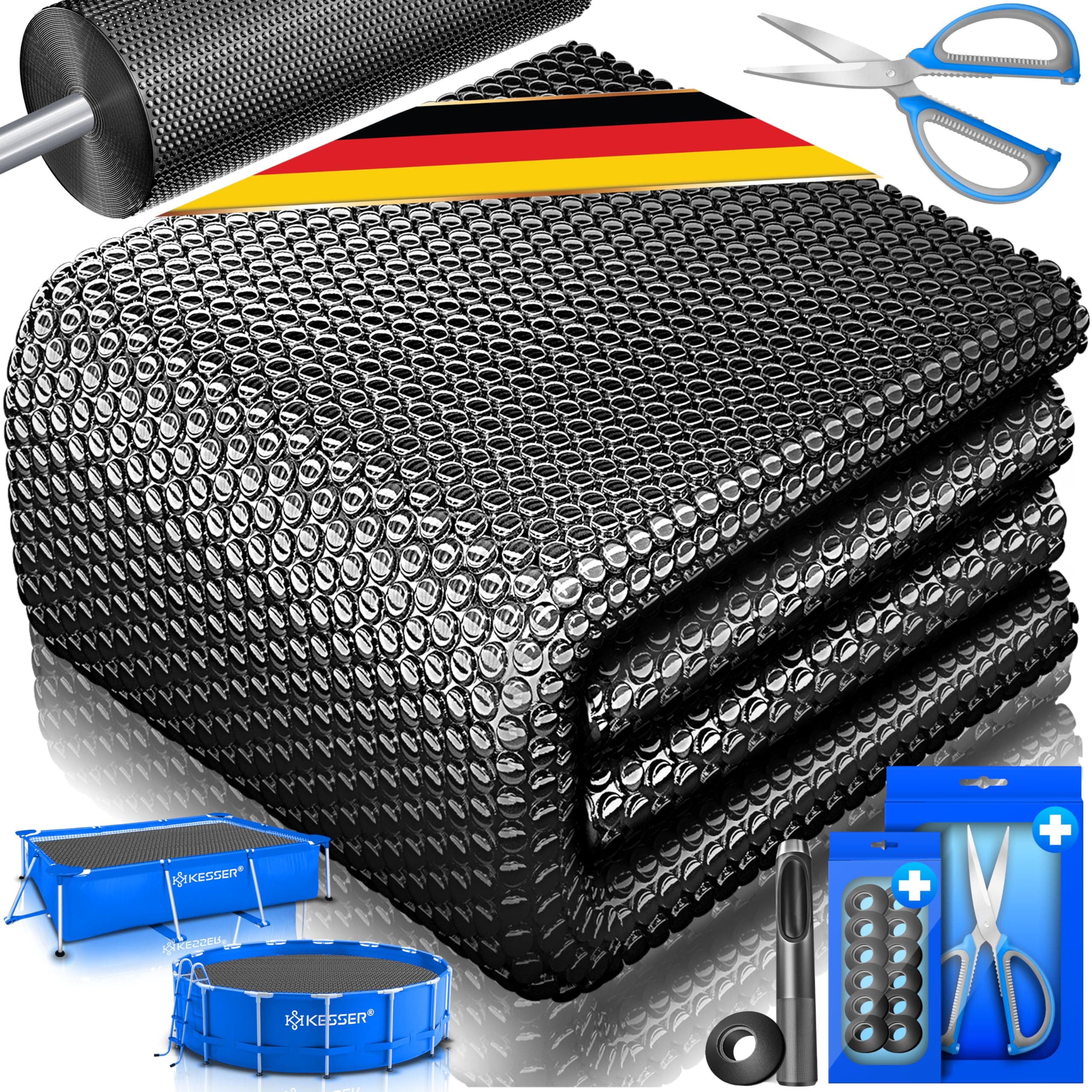 KESSER® Pool Solarfolie 400 µm | Solarplane Rechteckig 450x220cm Poolabdeckung | Solarabdeckplane flexibel zuschneidbar | Poolplane für Wassererwärmung | Solarabdeckung mit Schere, Lochzange & 12 Ösen