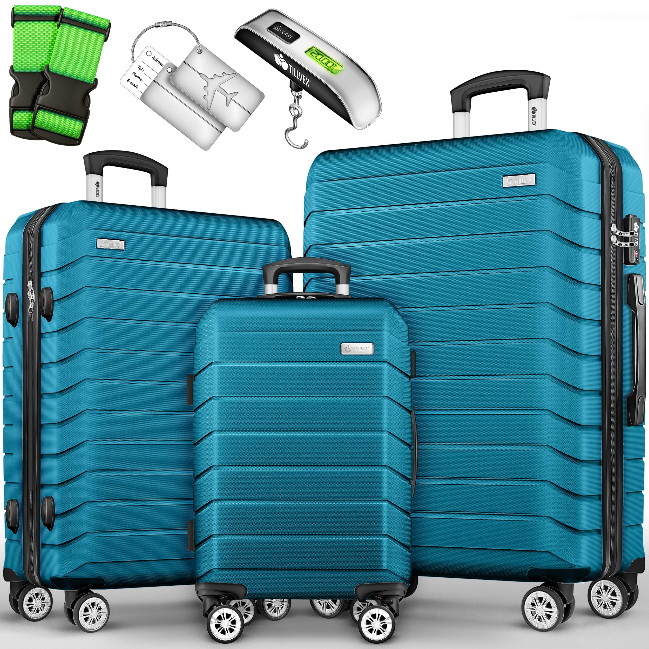 tillvex® Set di 3 valigie da viaggio + bilancia per bagagli, 6 cinghie per valigie e 3 etichette per bagagli, set da 4 ruote, trolley valigia TSA, serratura rigida M-L-XL, turchese