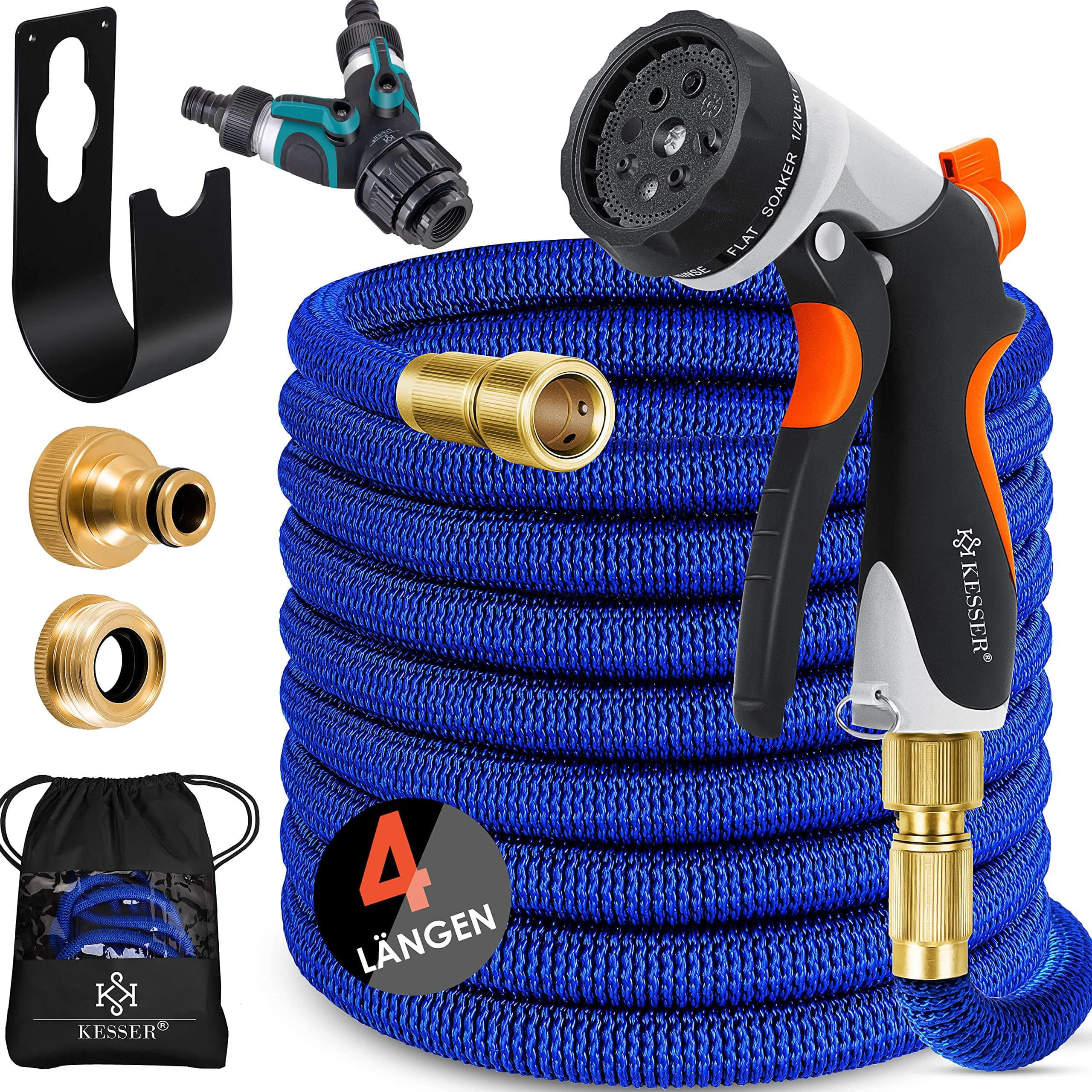 KESSER® flexibler Gartenschlauch 15 m, dehnbarer Flexischlauch, Wasserschlauch mit 3-fach Latexkern, 8 Modi Sprühpistole, Messing Anschlüsse + Wandhalterung, 1/2" & 3/4" Adapter & Tasche, Blau
