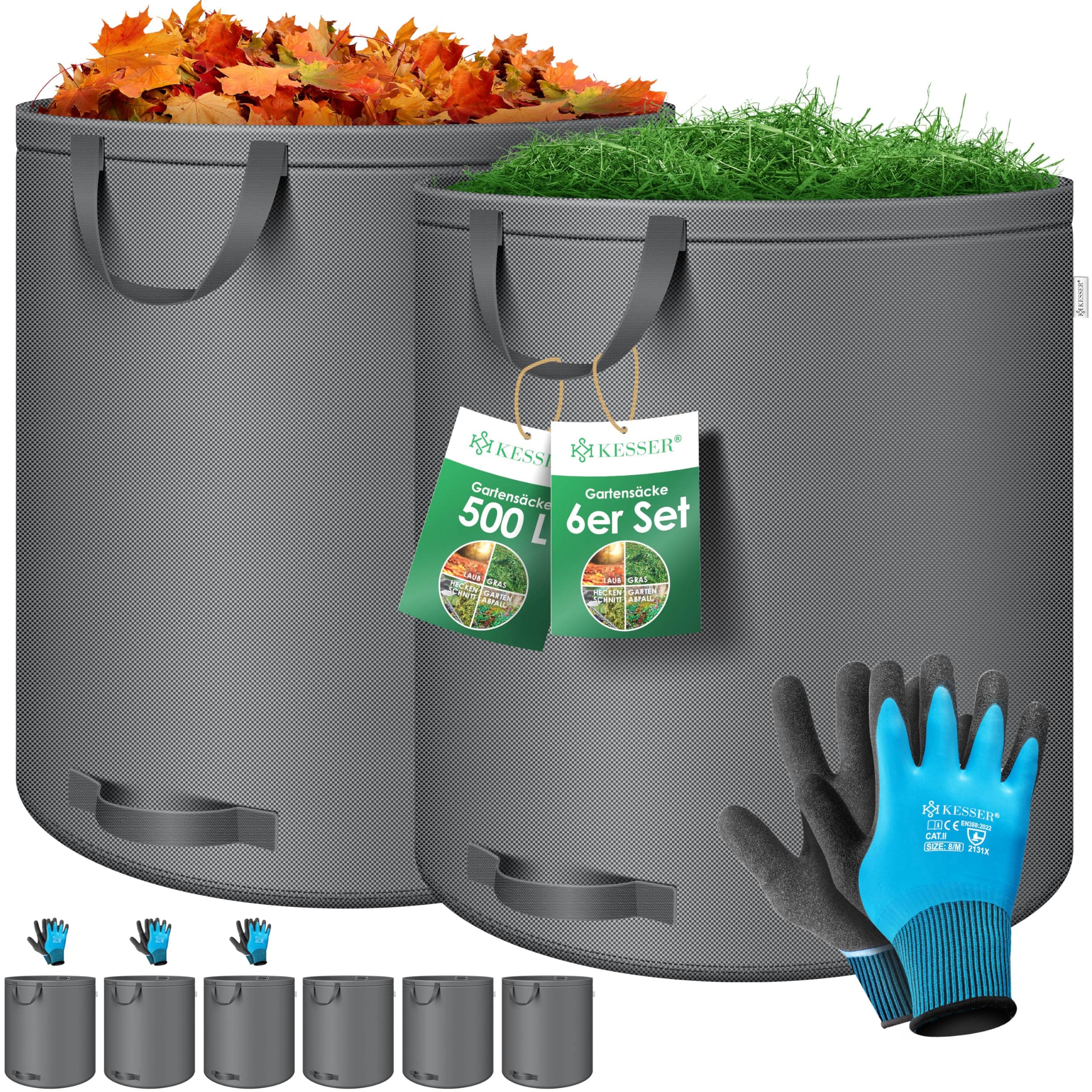KESSER® Gartensack 6x 500L Set Laubsack Gartenabfallsack inkl. Handschuhe - Selbststehend 4 Griffe Stabil Robust & Faltbar - Laubsäcke Rasenschnitt Gartensäcke für Gartenabfälle Grünschnitt Anthrazit