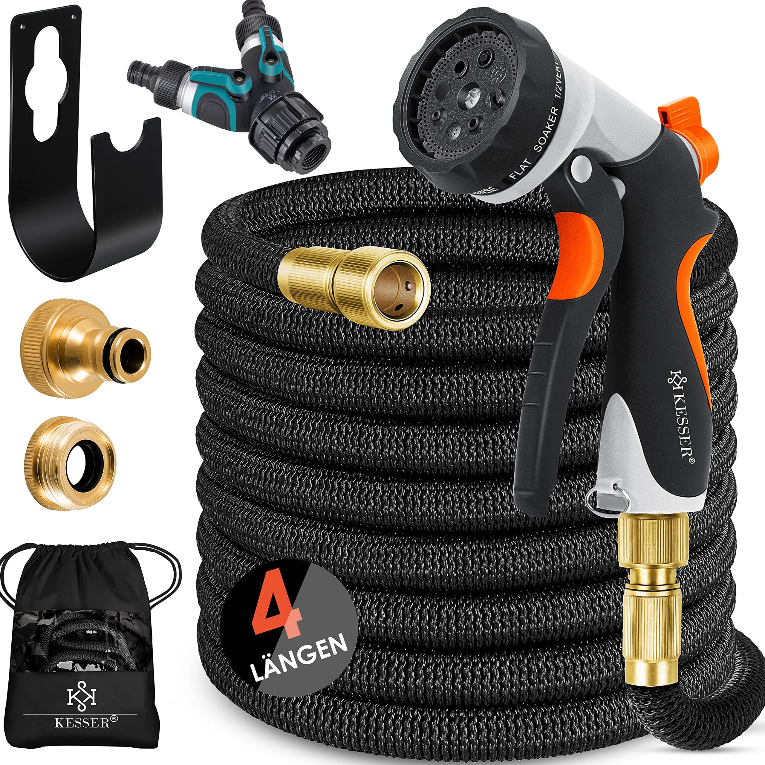 KESSER® flexibler Gartenschlauch 22,5 m, dehnbarer Flexischlauch, Wasserschlauch mit 3-fach Latexkern, 8 Modi Sprühpistole, Messing Anschlüsse + Wandhalterung, 1/2" & 3/4" Adapter & Tasche, Schwarz