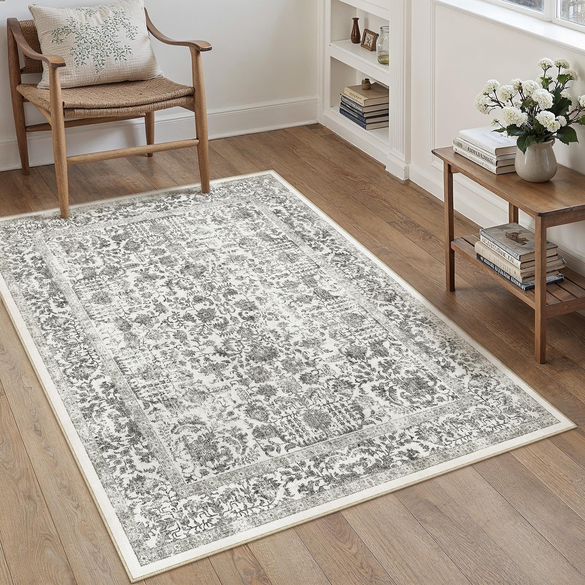 HUGEAR Alfombra Salon Negro Antideslizante Alfombras Lavables en Lavadora Tapetes para Sala 90x150cm Habitacion Dormitorio Comedor Flor Vintage Grande Tapete Pelo Corto tapete Quarto