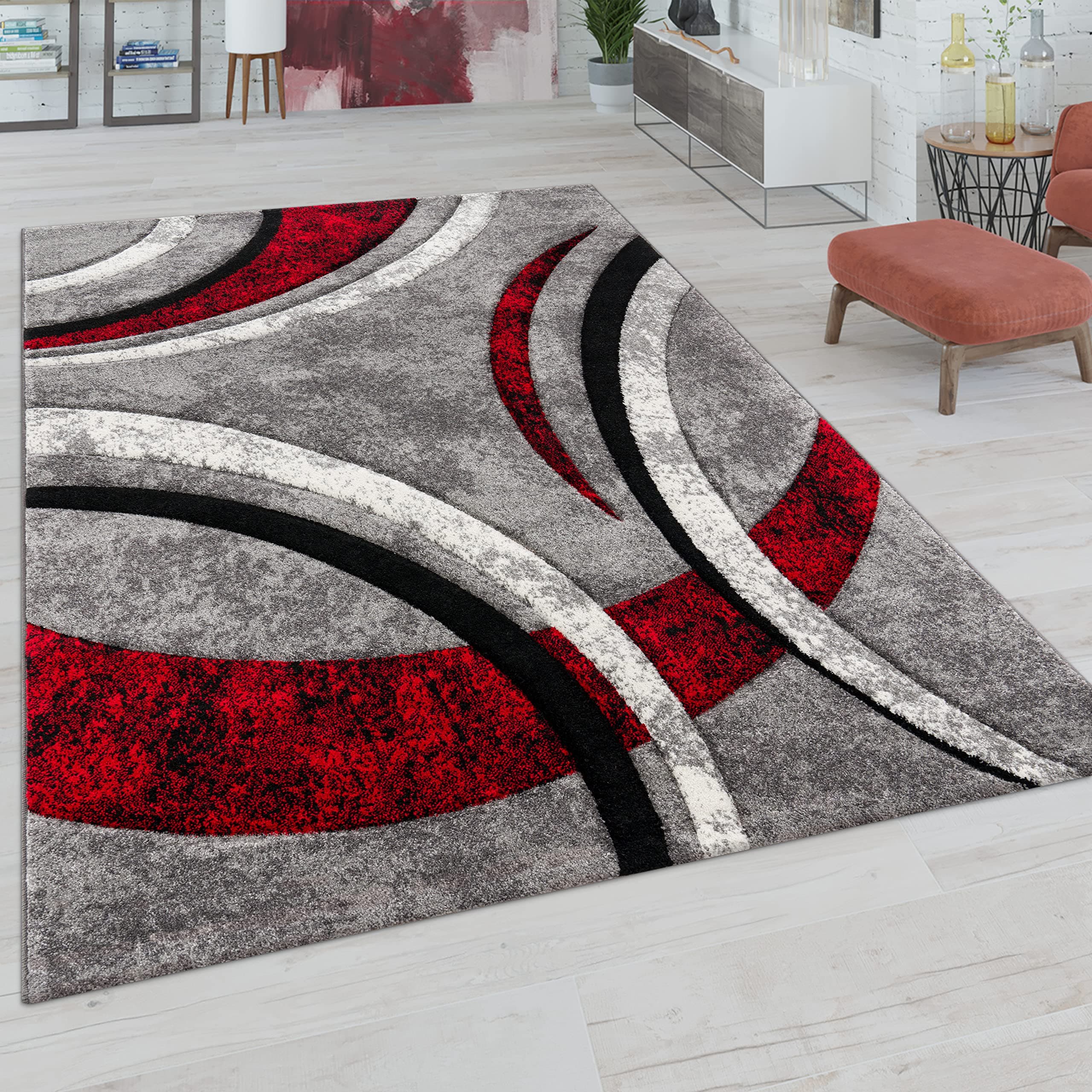 Paco Home Tapis de salon, à poils courts, style vintage, fait à la main, contours découpés, aspect 3D, dimensions : 200 x 290 cm, couleur : gris rouge