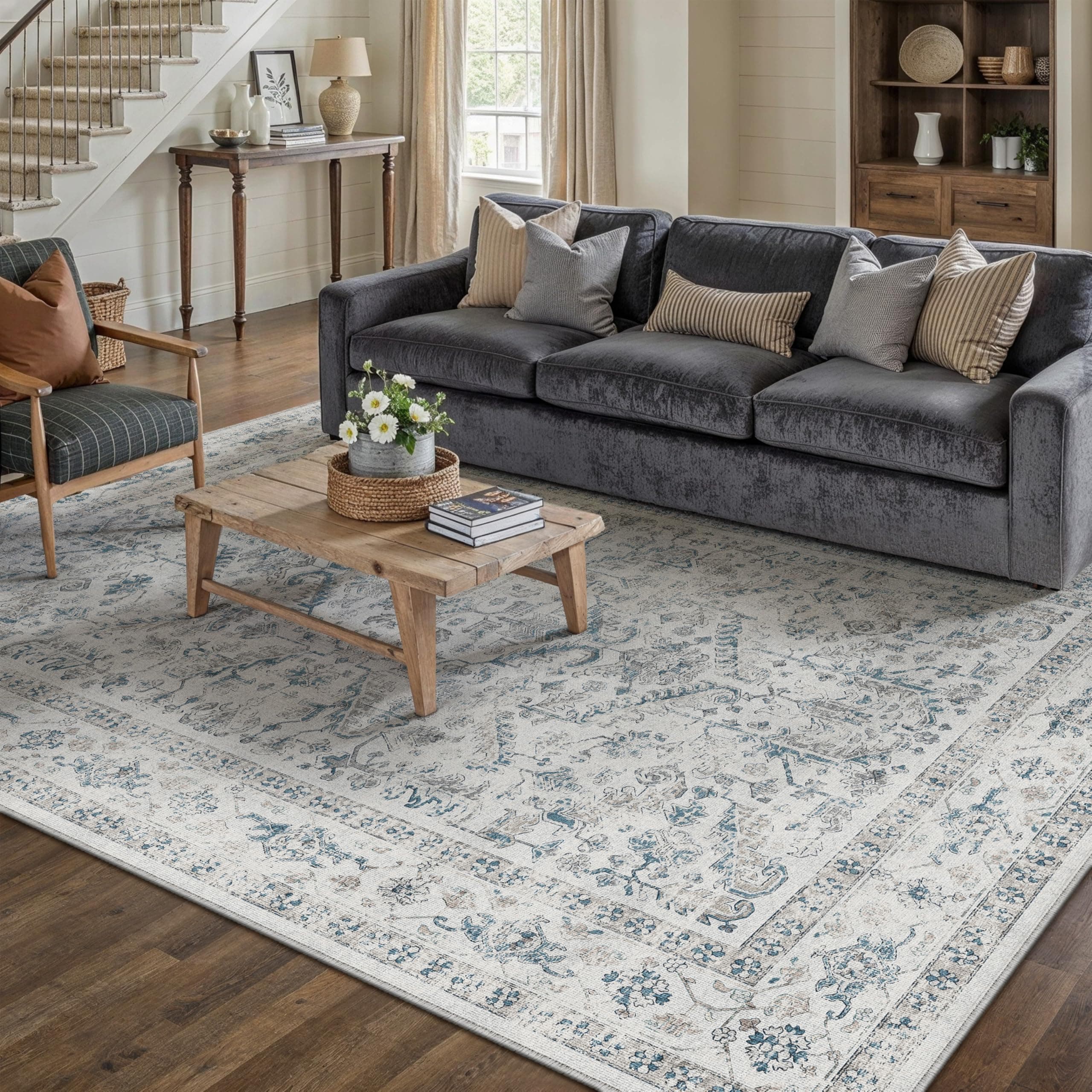 PureCozy Vintage Alfombra Salon 140x200cm Azul Habitacion Lavables en Lavadora Antideslizante Alfombras Sala Dormitorio Cocina Comedor Grande Carpet Pelo Corto Rug