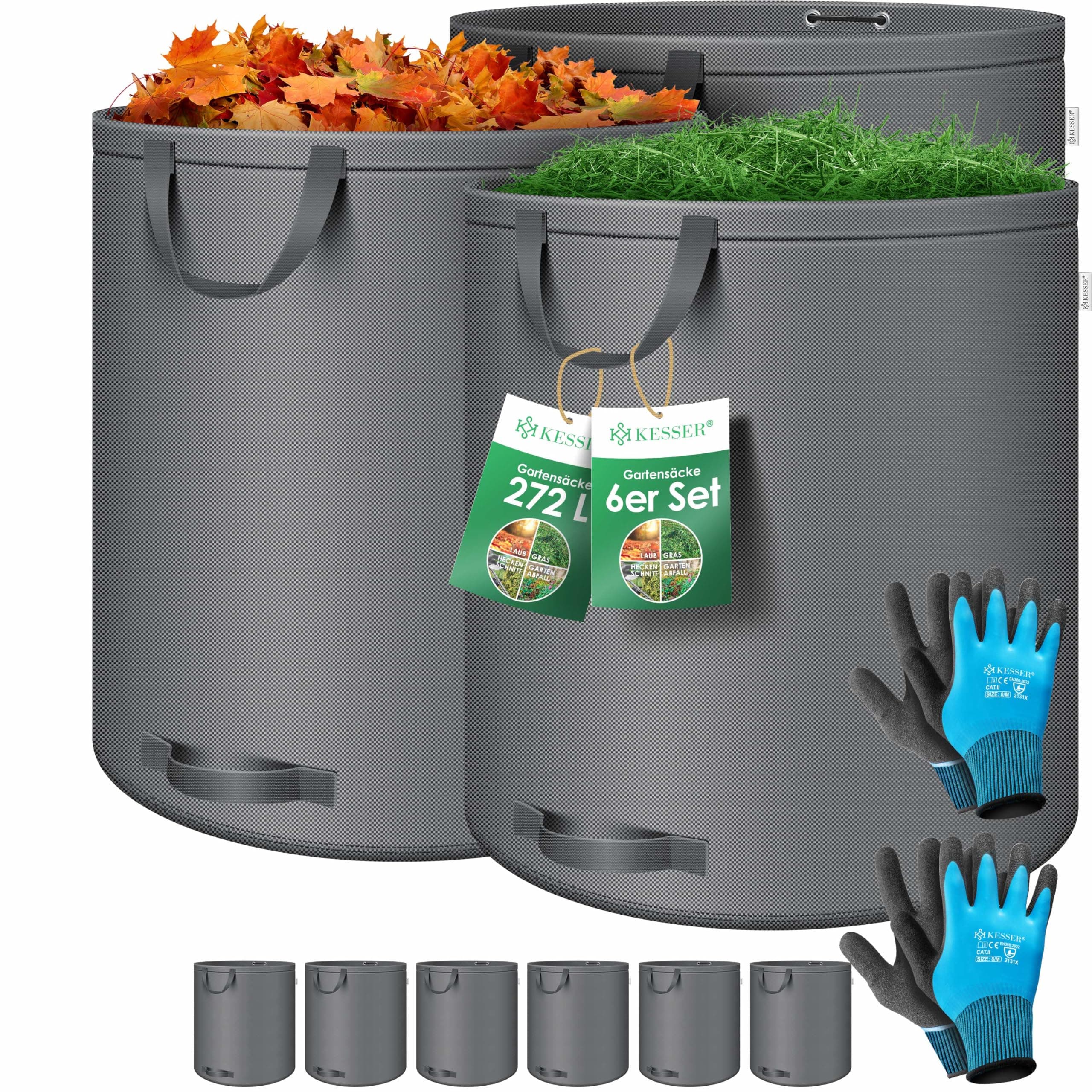 KESSER® Gartensack 6x 272L Set Laubsack Gartenabfallsack inkl. Handschuhe - Selbststehend 4 Griffe Stabil Robust & Faltbar - Laubsäcke Rasenschnitt Gartensäcke für Gartenabfälle Grünschnitt Anthrazit